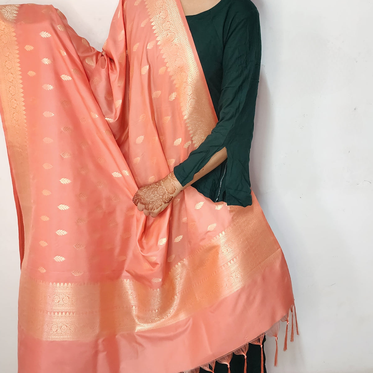 Peach Banarasi Tapetta Silk Leaf Weave Dupatta