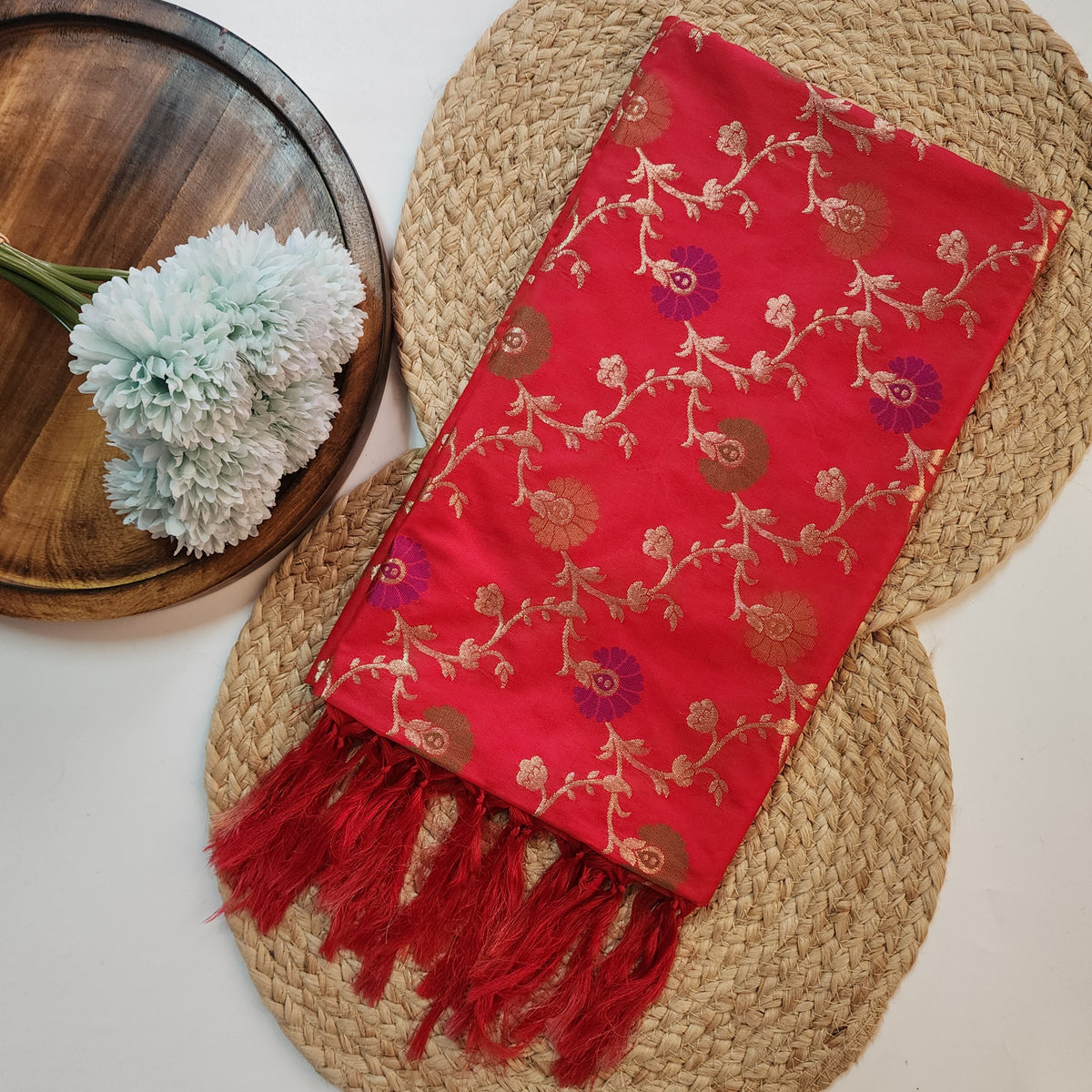 Banarasi Silk Floral Jaal Dupatta - Crimson Red