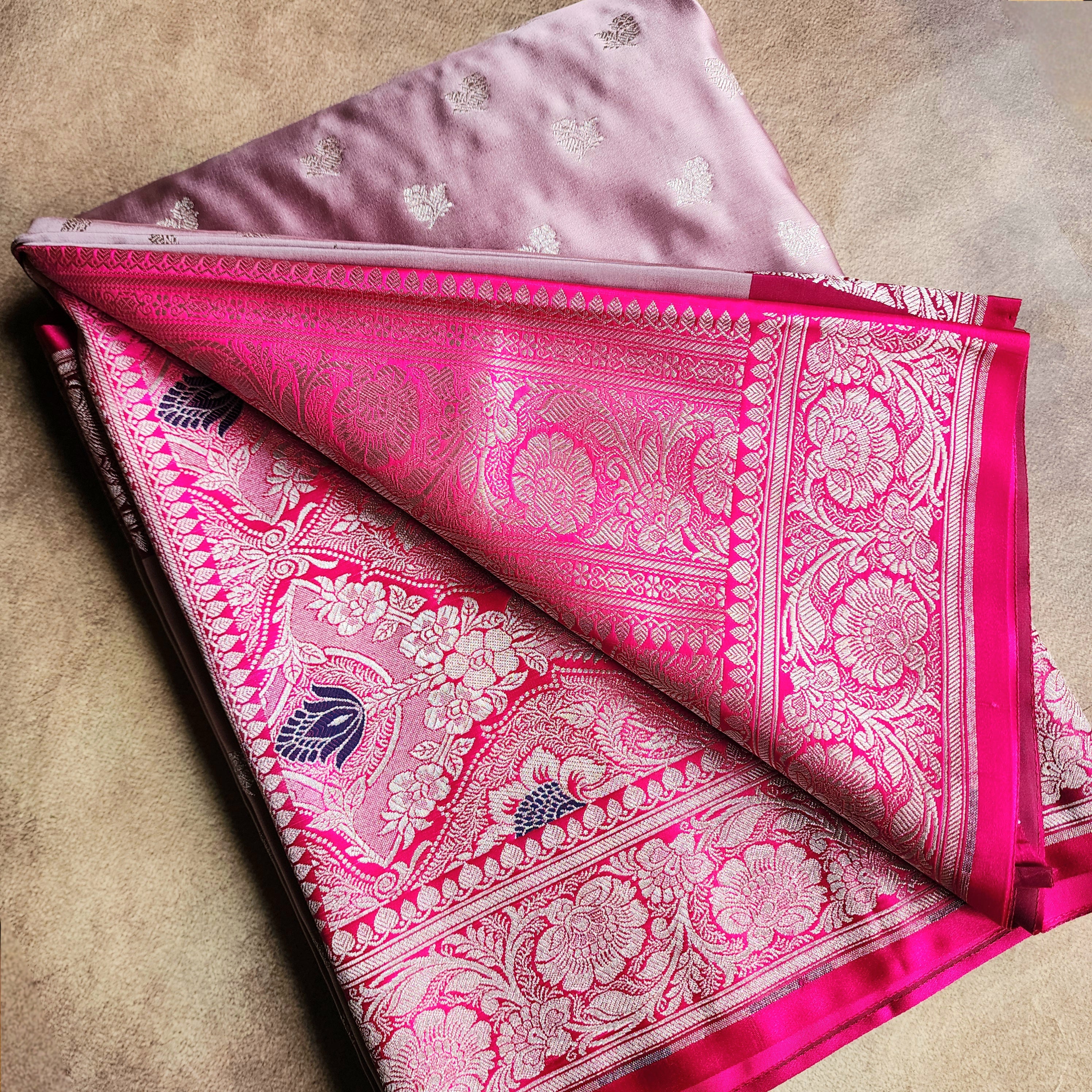 Dusty Mauve Pure Banarasi Katan Silk Saree with light Gold Zari Weaving