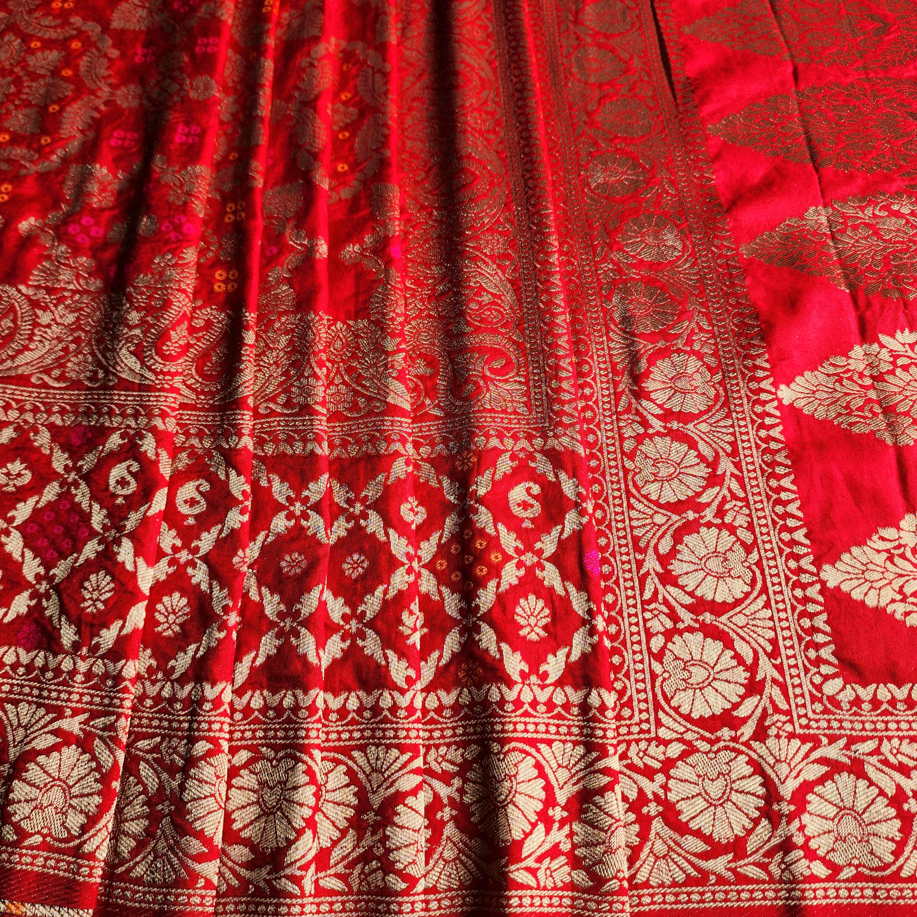 Deep Ruby Red Bandhani Dupatta with Floral and Geometric Zari Weave