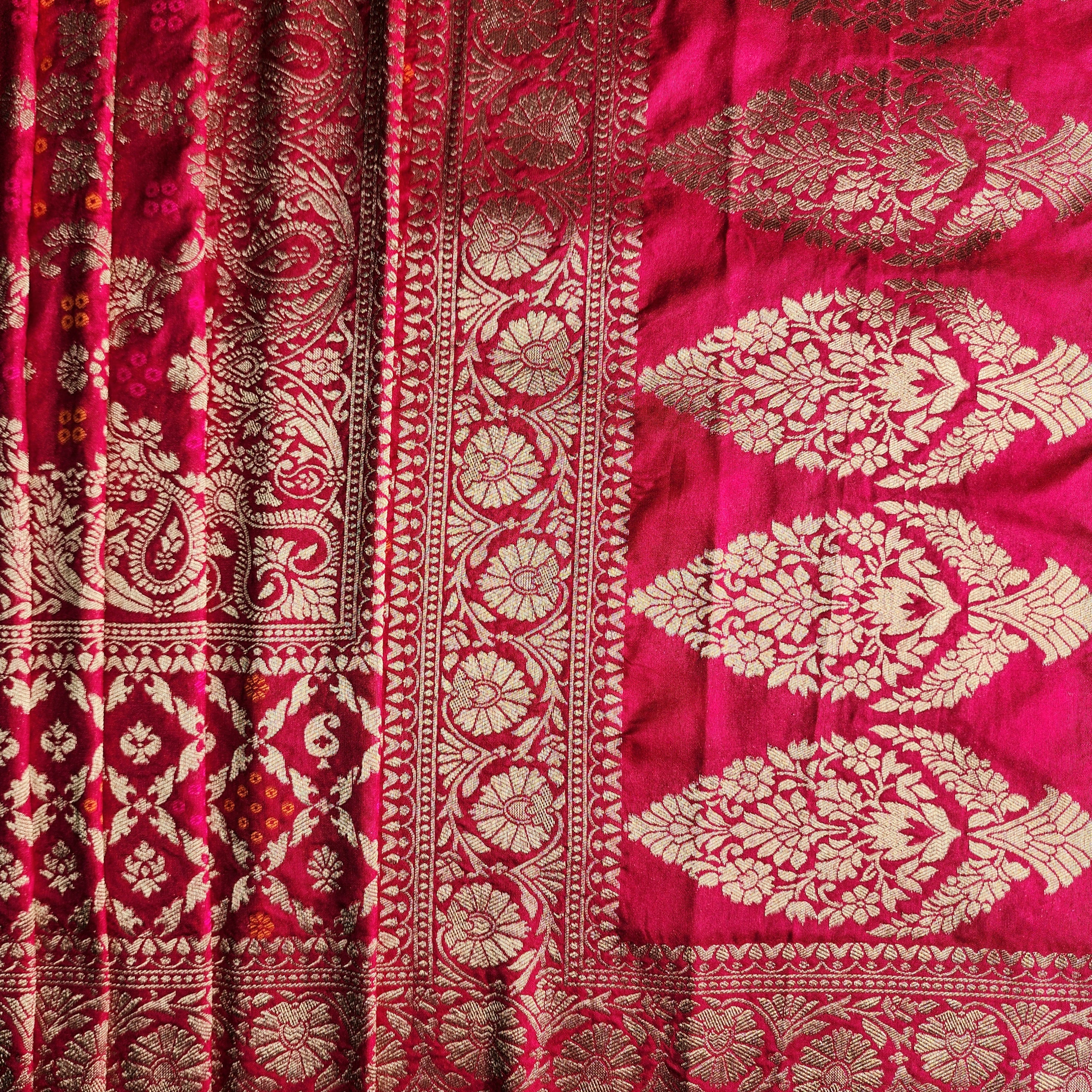 Wine Magenta Bandhani Dupatta with Floral and Geometric Zari Weave