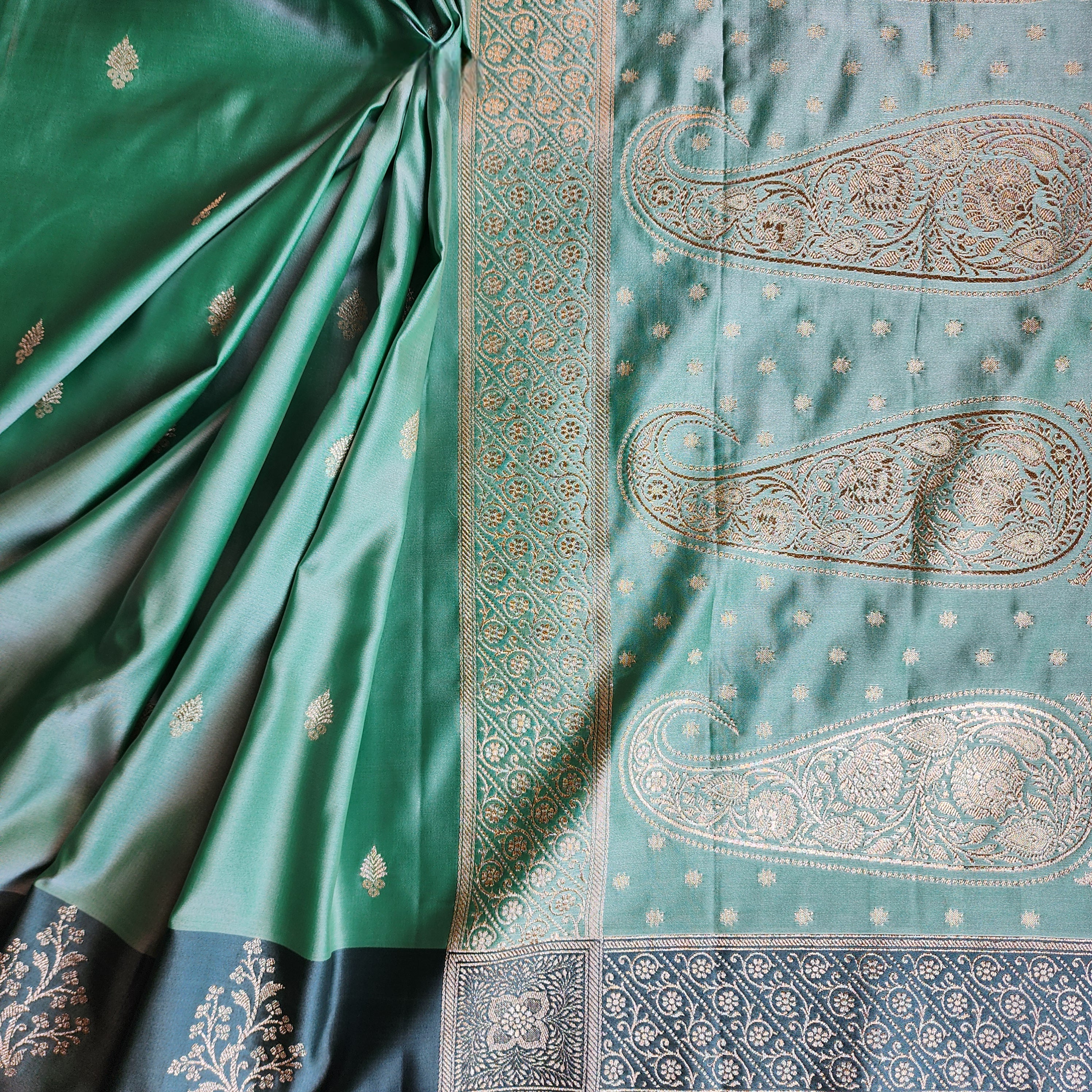 Sea Green Katan Silk Saree with Peacock Green Gold Zari Border