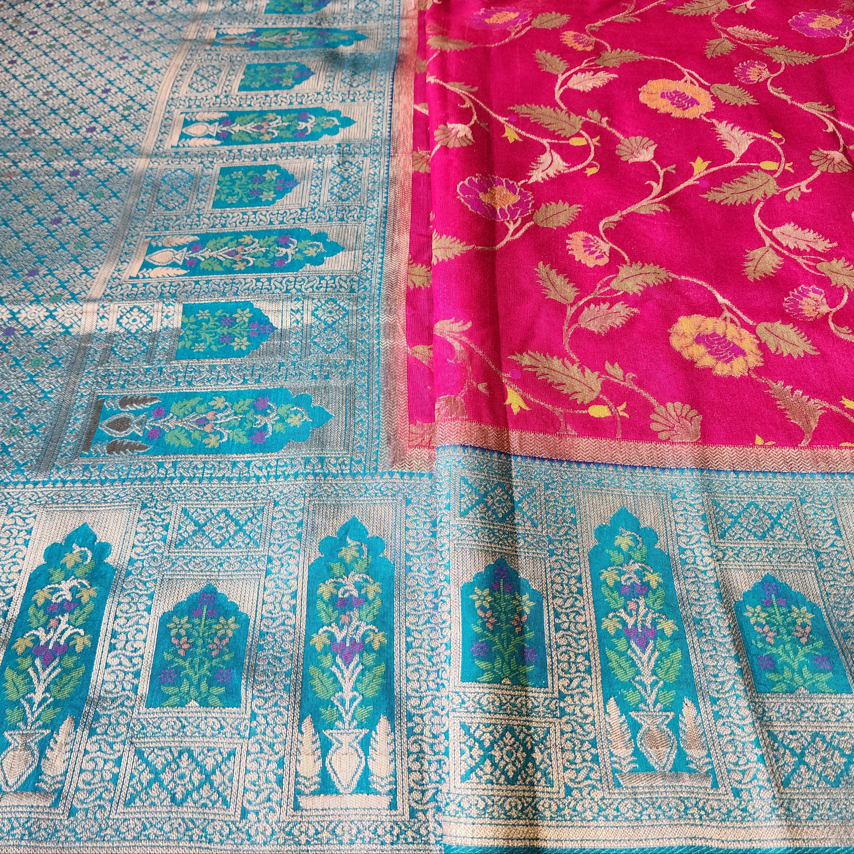 Rani Pink Dupion Patola with Turquoise Blue Border & Heavy Gold Zari