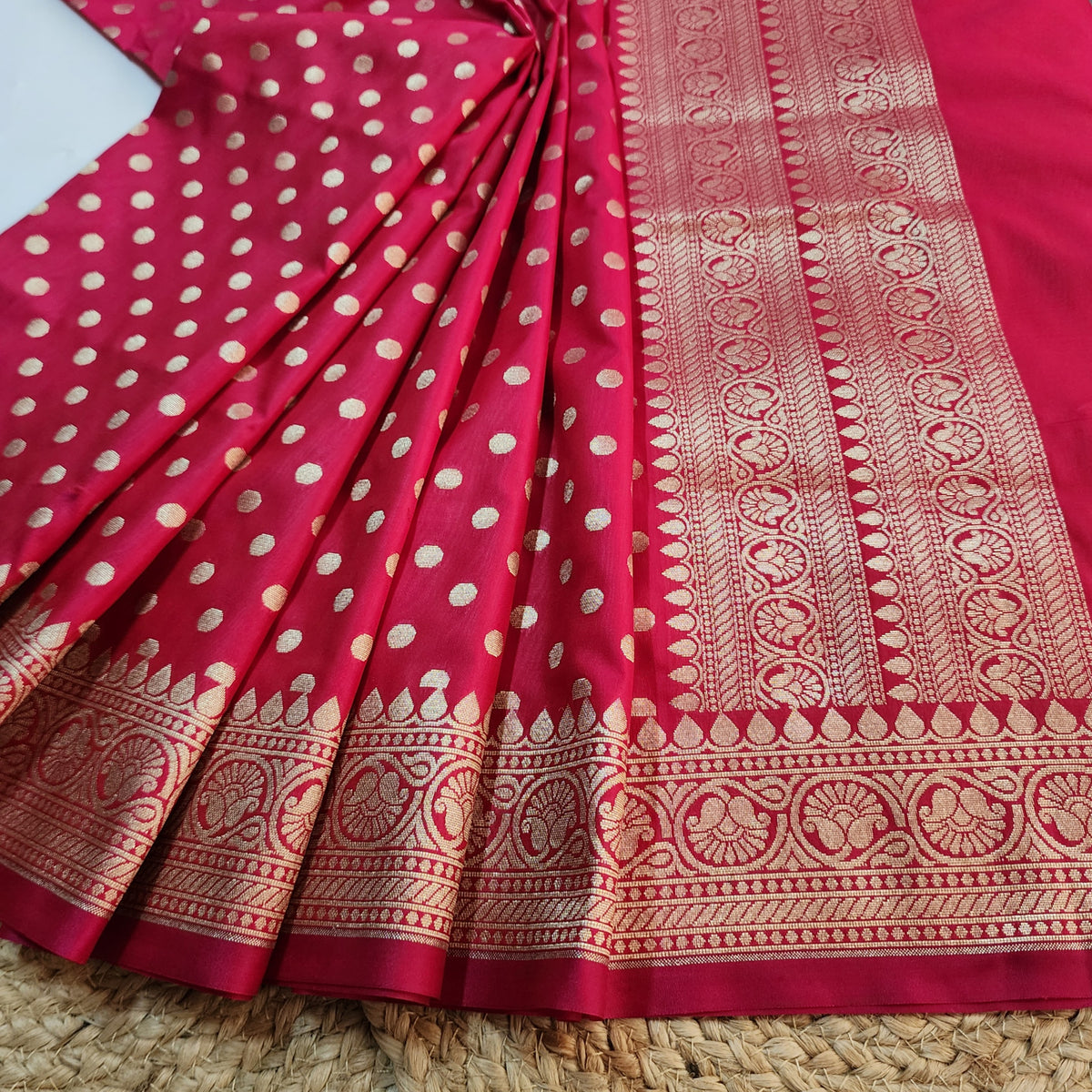 Fuchsia Banarasi Silk Dupatta with Gold Polka Dot