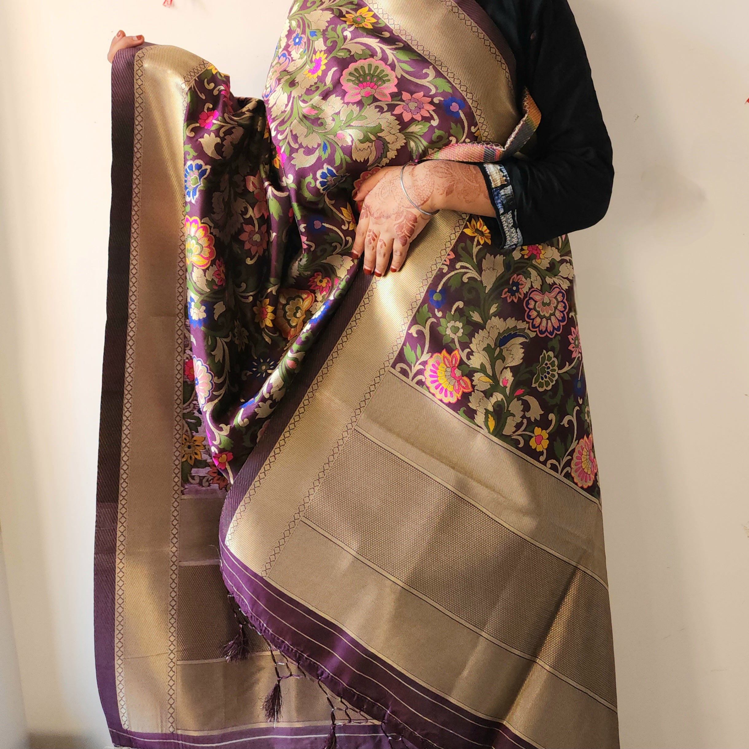 Banarasi Silk Dark Wine Dupatta with Multicolor & Gold Floral Handweaving