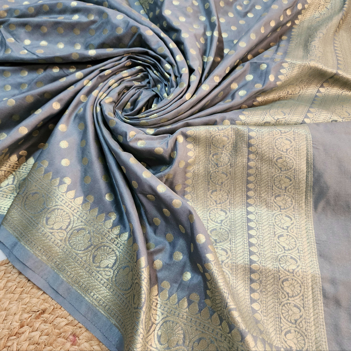 Slate Blue Banarasi Silk Dupatta with Gold Polka Dot