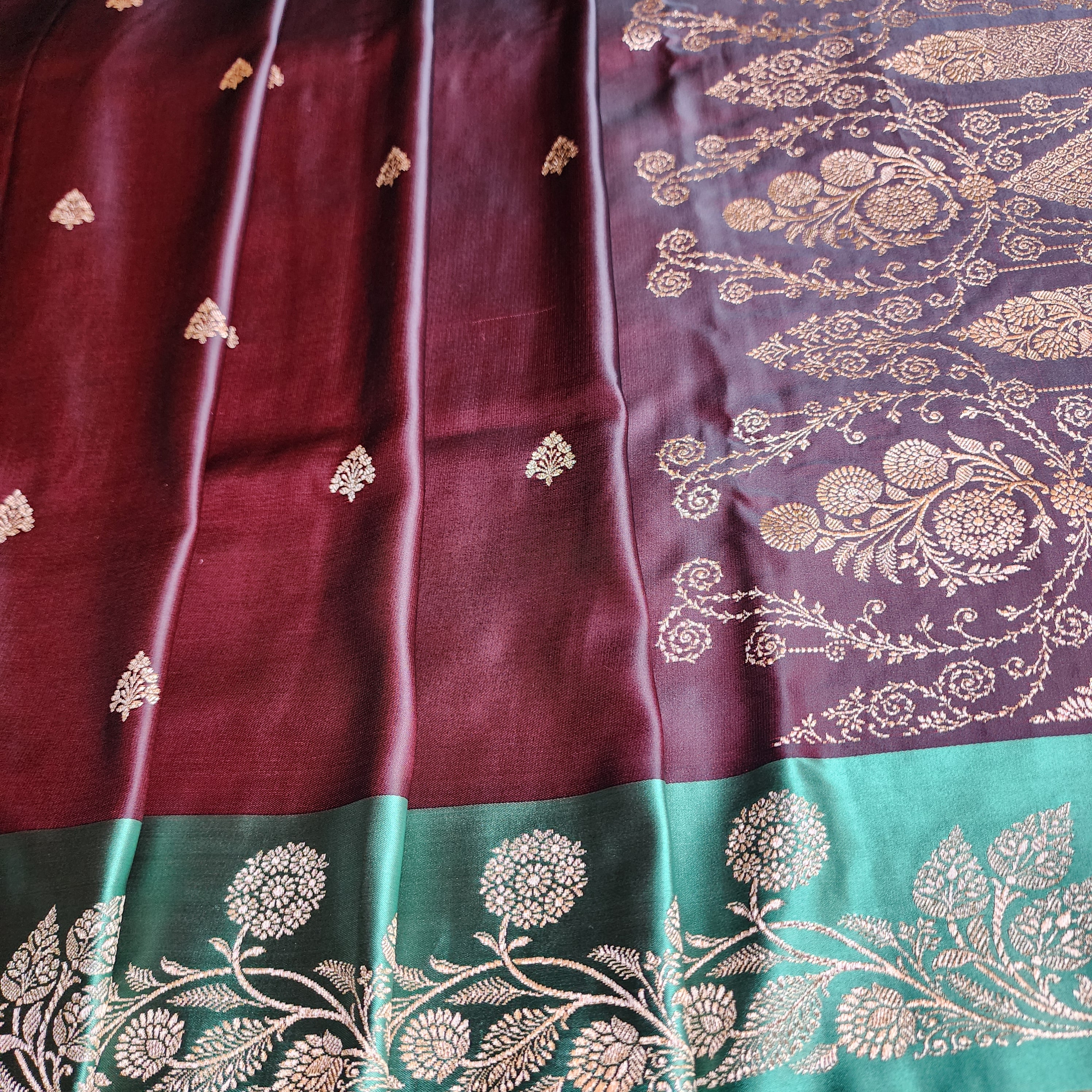 Chocolate Brown Pure Banarasi Katan Silk Saree with Sea Green Border