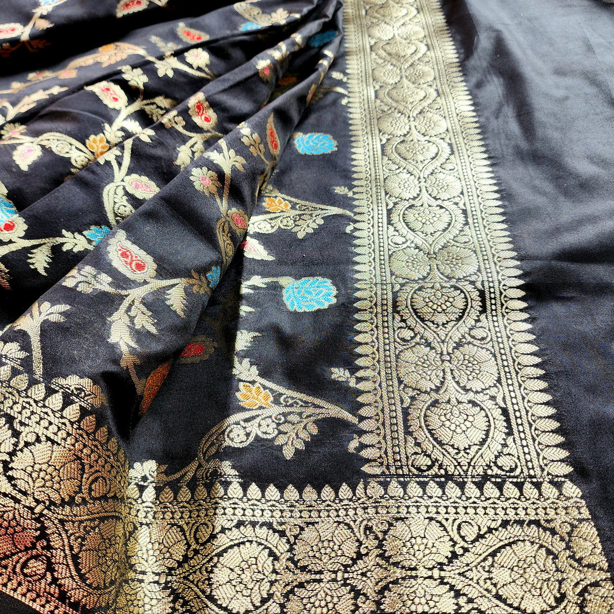 Black Banarasi Silk Dupatta with Gold Zari Border & Multicolor Meenakari Work