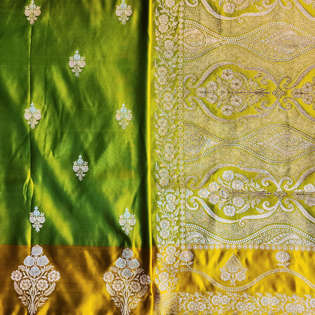 Dual-Tone Parrot Green & Yellow Pure Banarasi Katan Silk Saree