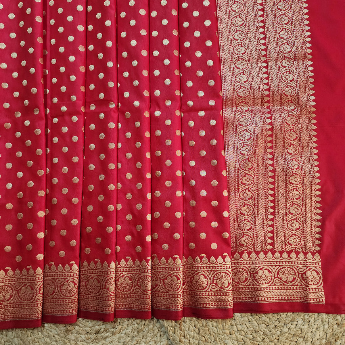 Classic Red Banarasi Silk Dupatta with Gold Polka Dot
