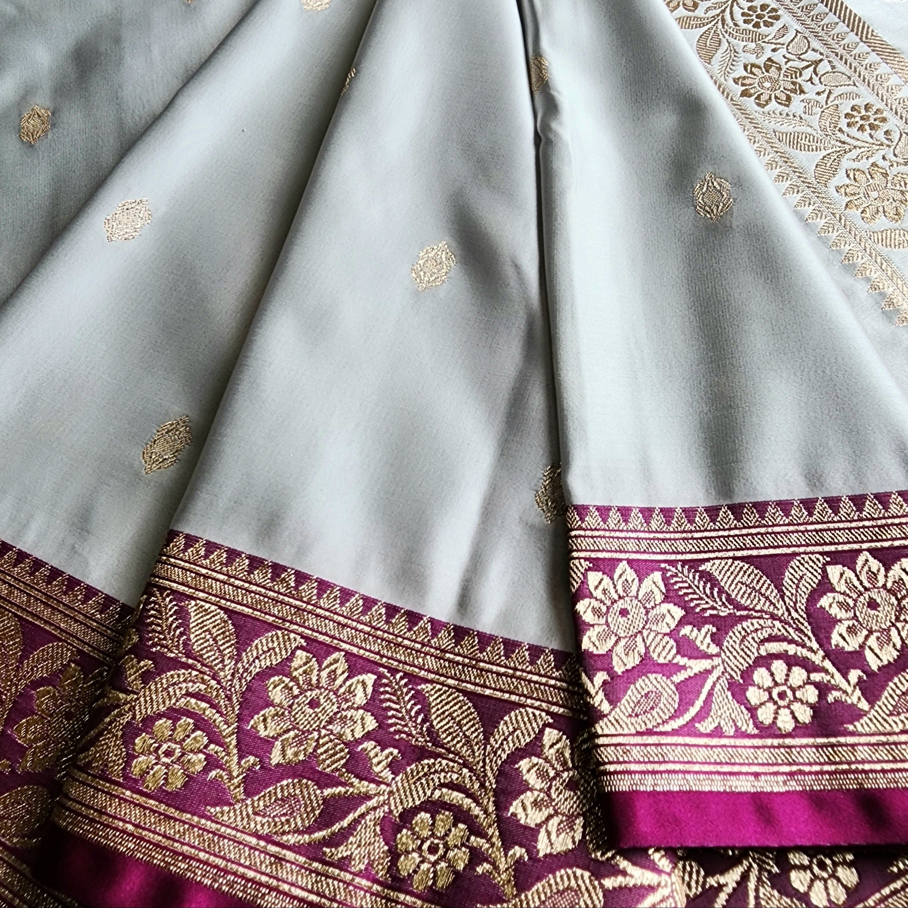 Powder Blue Katan Silk Saree with Purple and Gold Zari Border