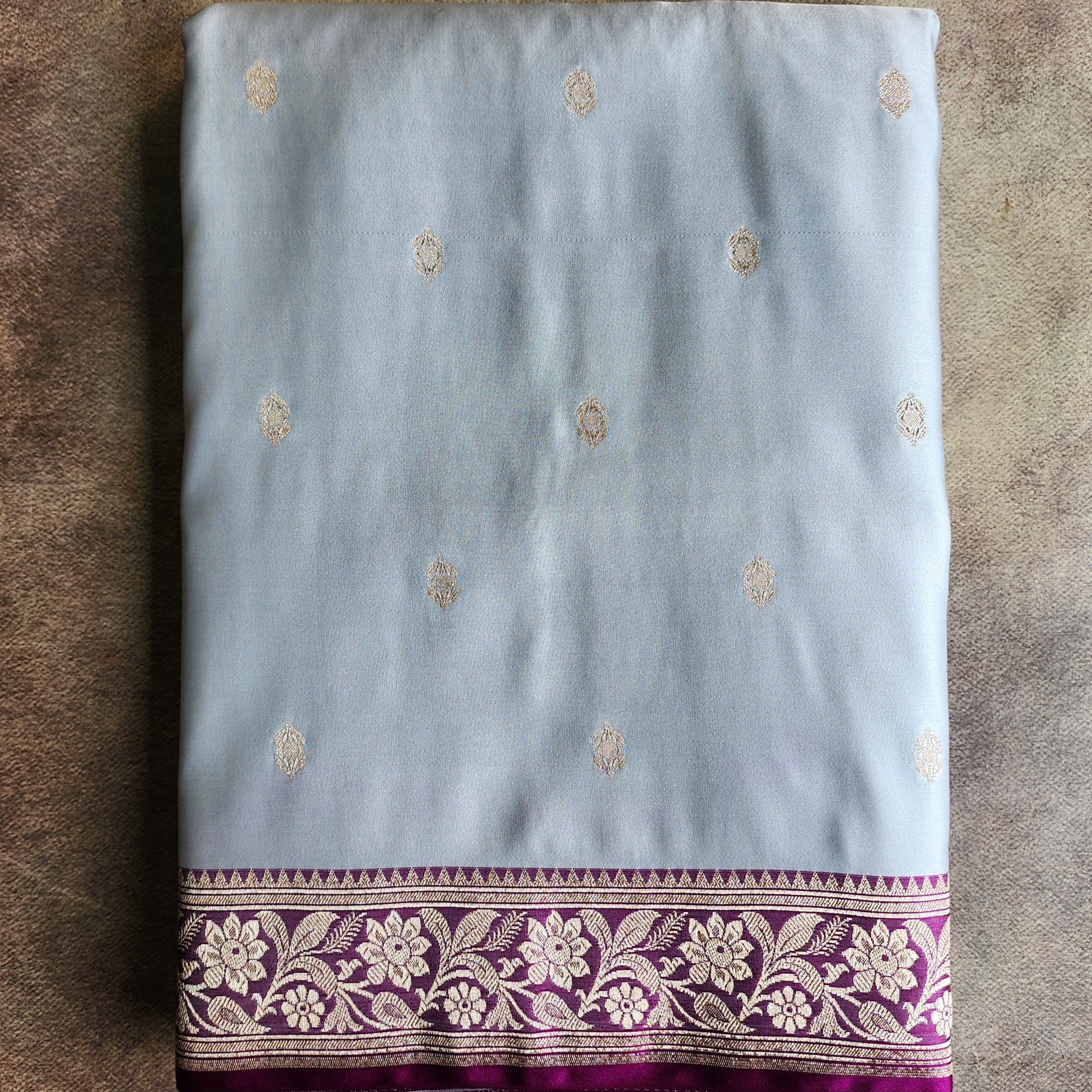 Powder Blue Katan Silk Saree with Purple and Gold Zari Border