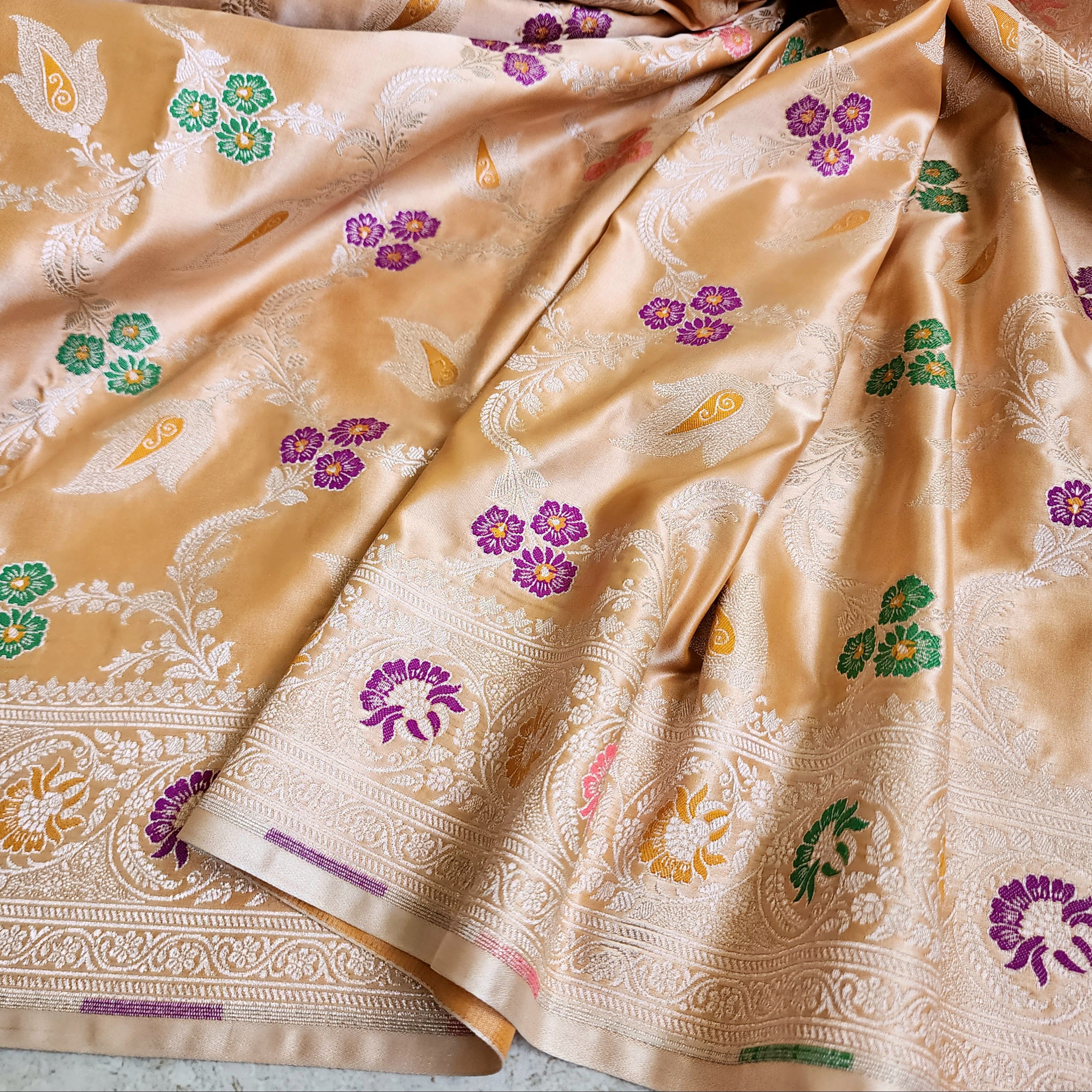 Enriched Dark Orange Banarasi Katan Silk Saree with Multicolor Meenakari Floral Jaal