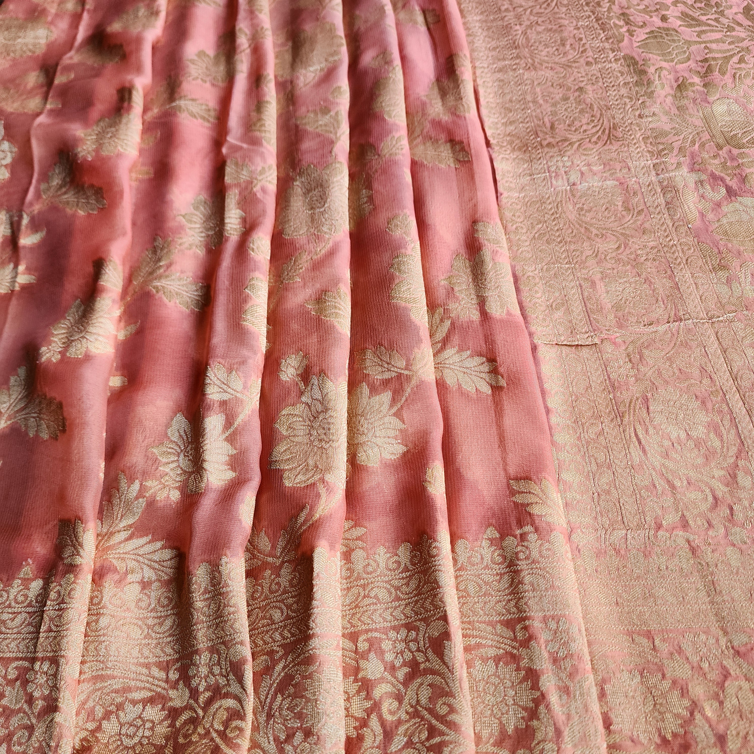 Khaddi Georgette Pure Banarasi Saree in Coral Shade