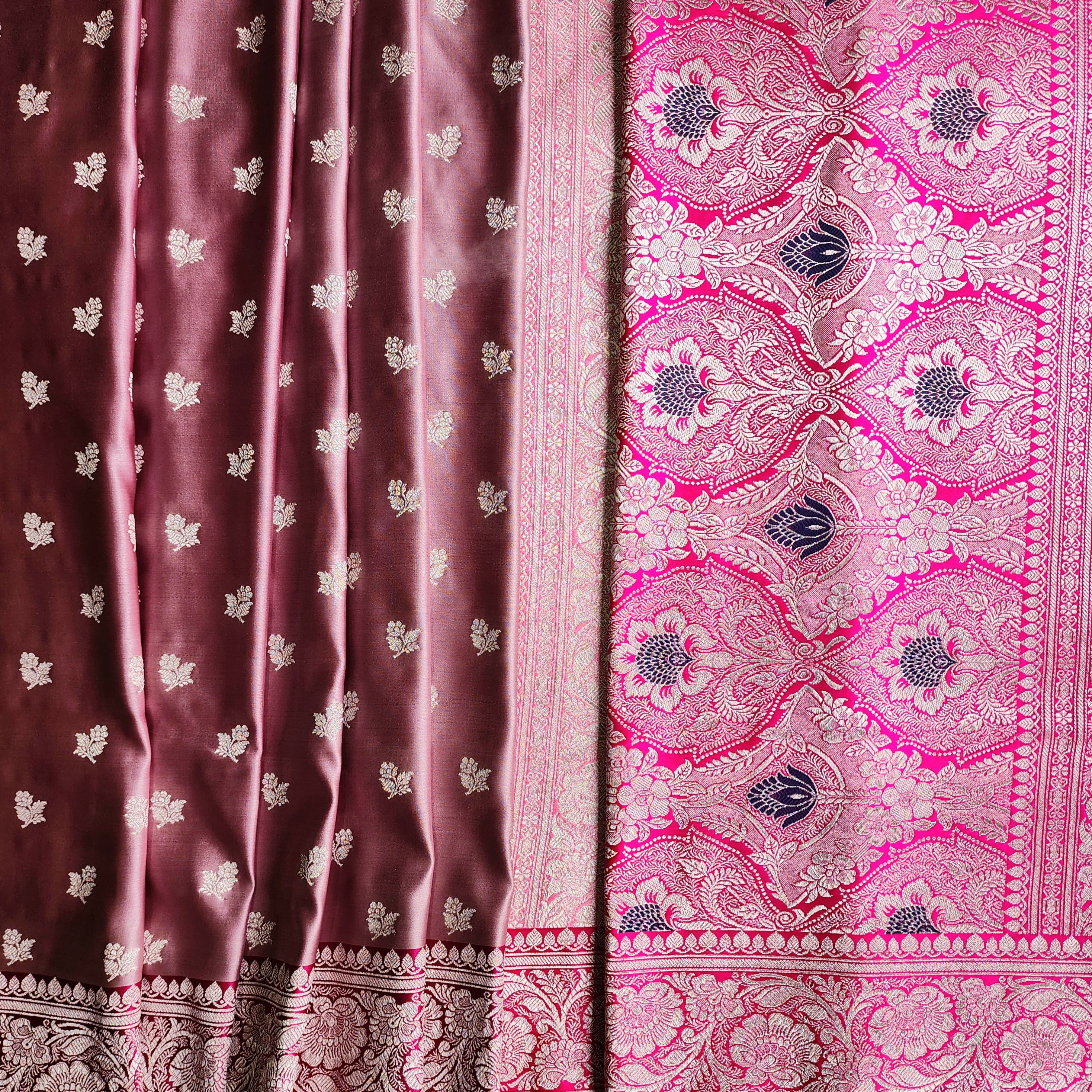 Dusty Mauve Pure Banarasi Katan Silk Saree with light Gold Zari Weaving