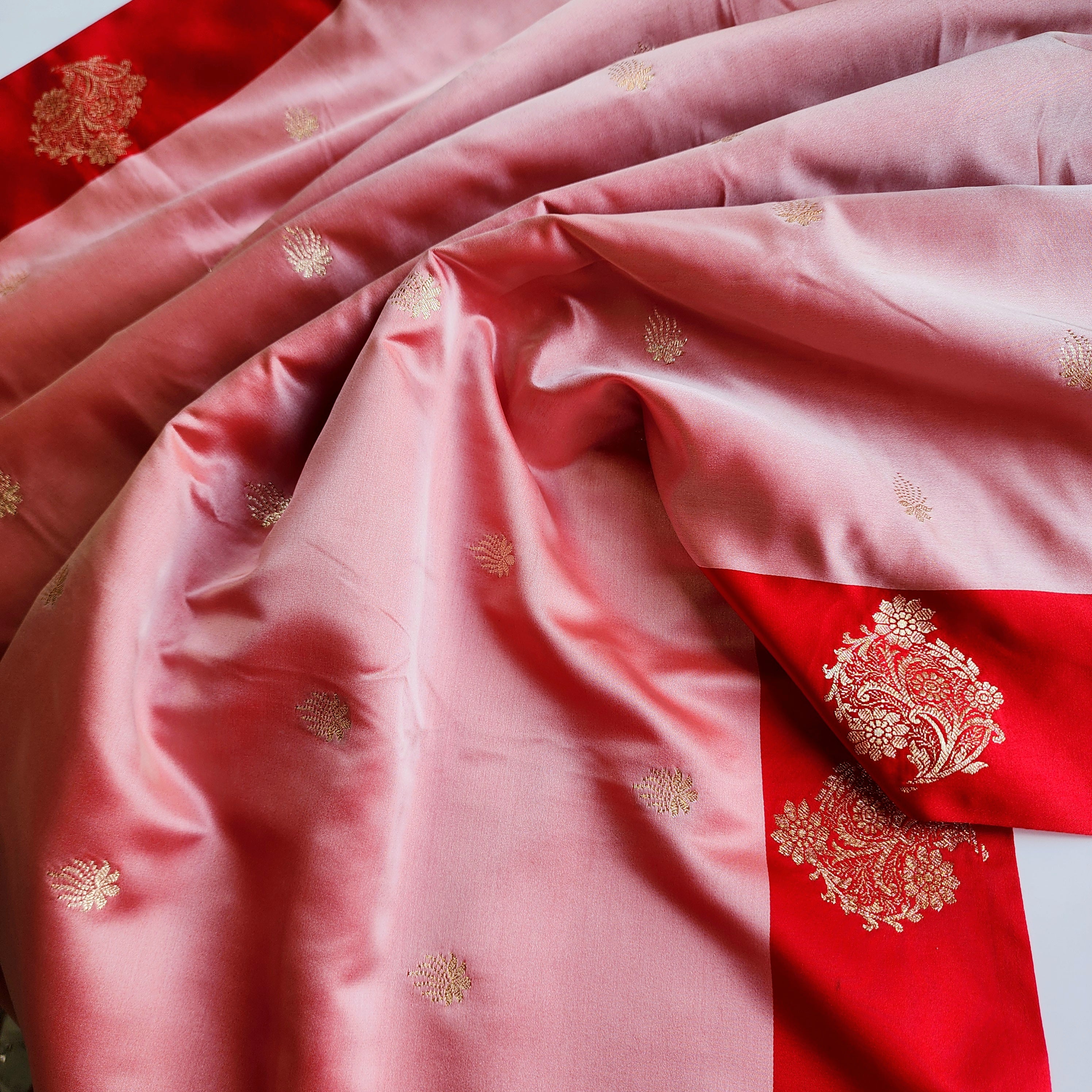 Blush Pink Katan Silk Saree with Red Gold Zari Border
