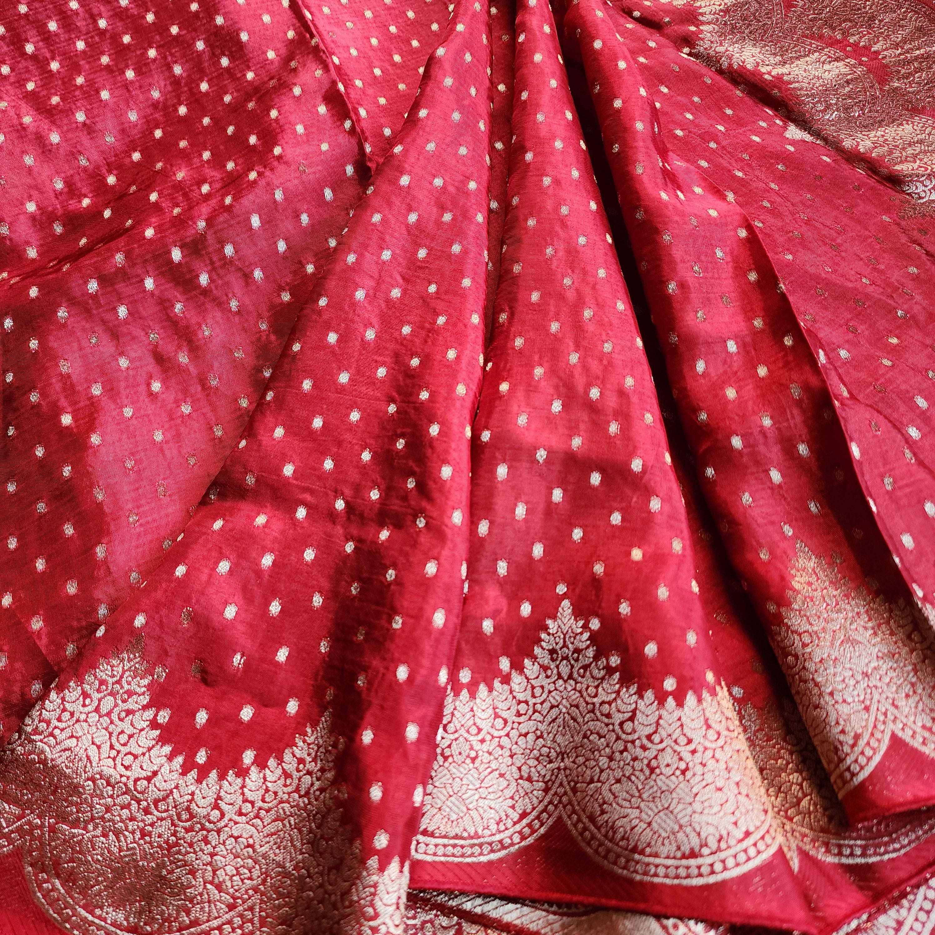 Deep Red Muslin Silk Saree with Cream Border
