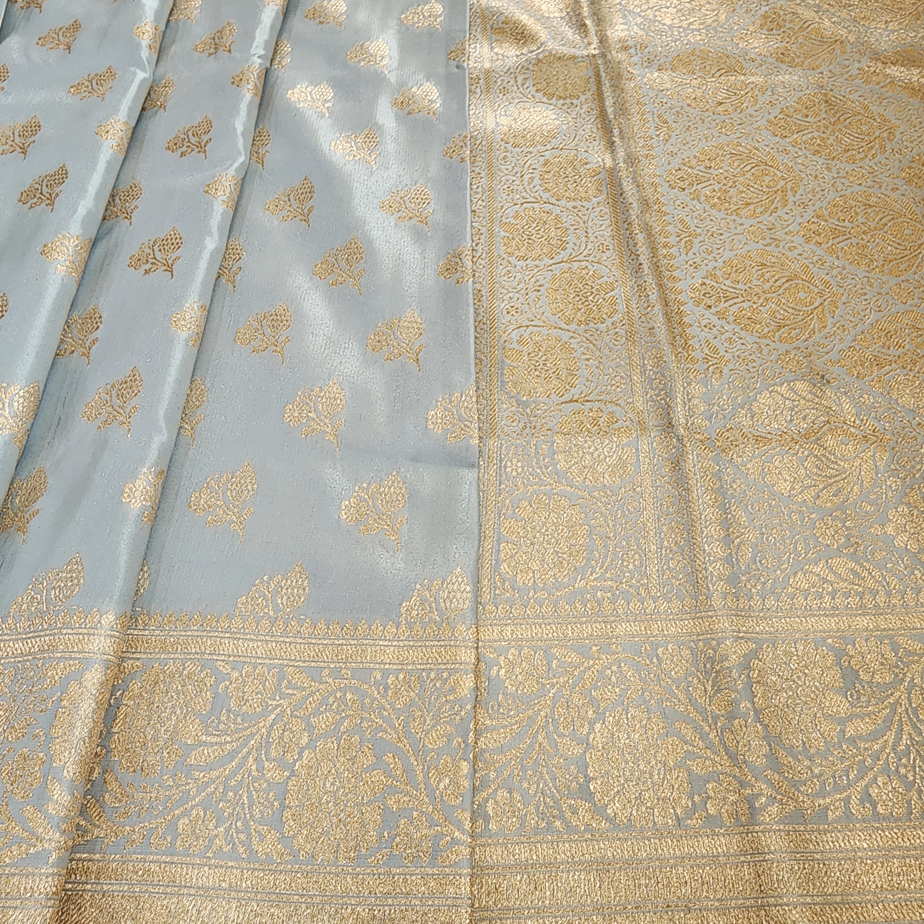 Rich Silver Grey Banarasi Silk Saree with Gold Zari Weaving
