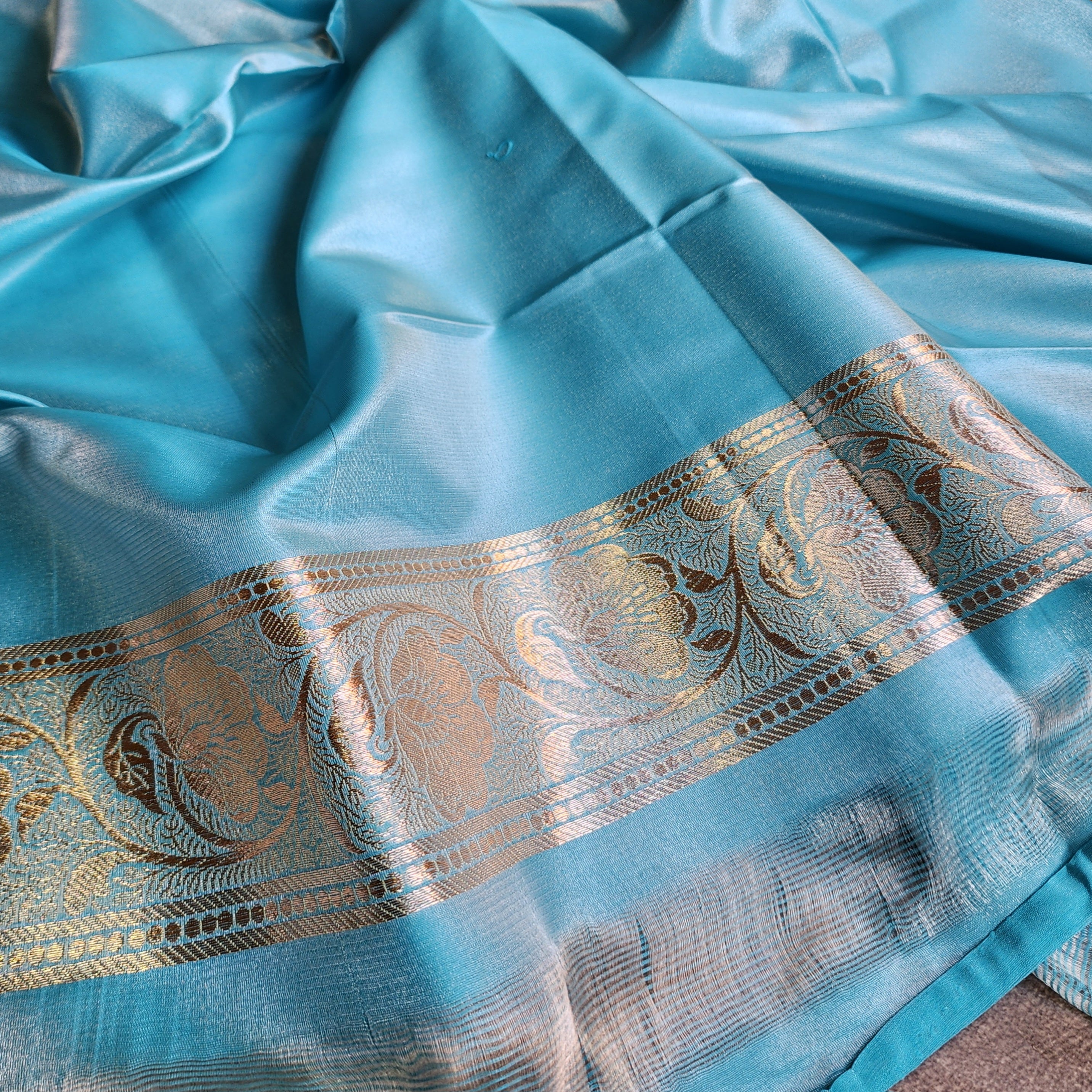 Rich Sky Blue Banarasi Silk Saree with Gold Zari Weaving
