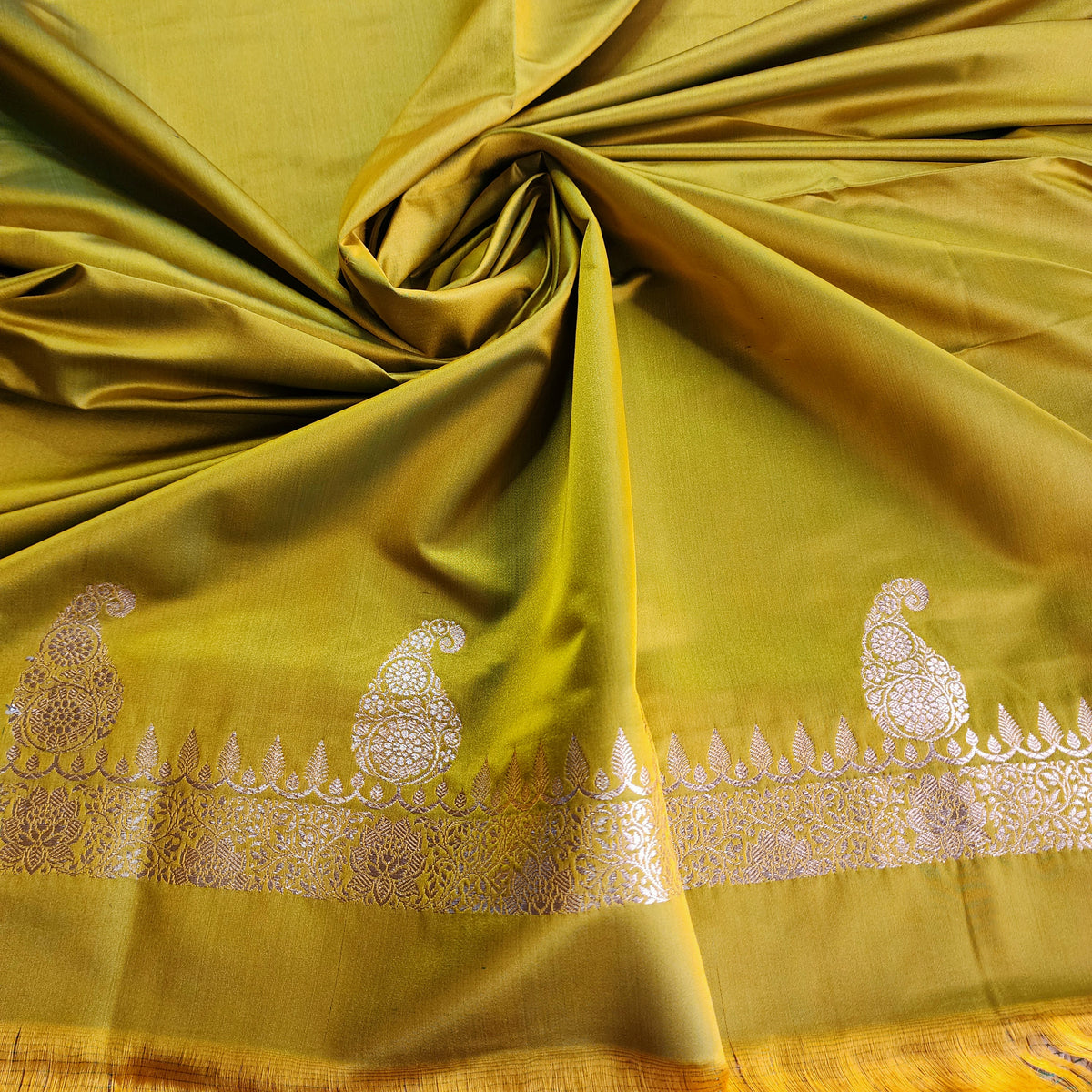 Lime Green Paisley Katan Silk Saree with Gold Zari