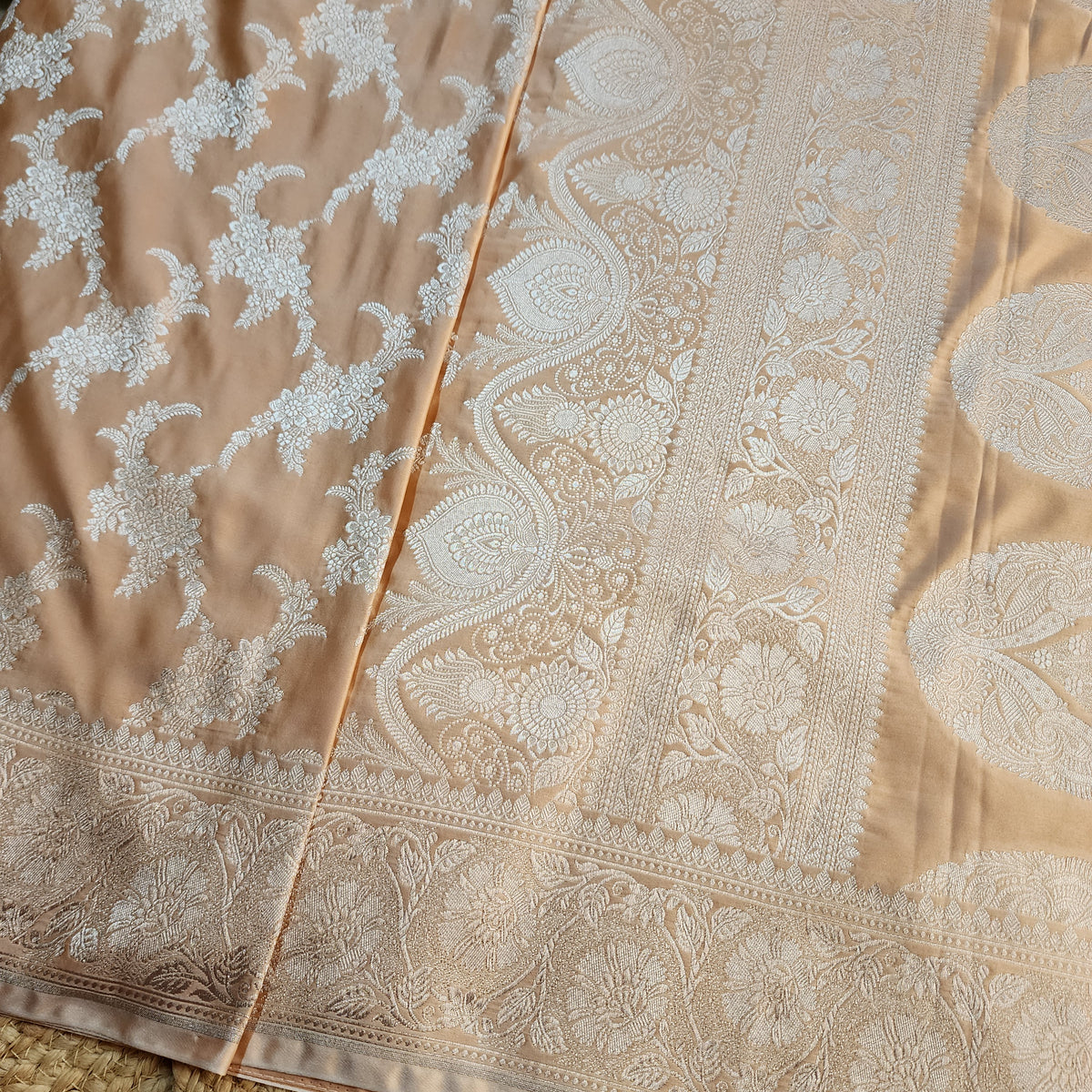 Peach Beige Banarasi Katan Silk Saree with Floral Vine Jaal