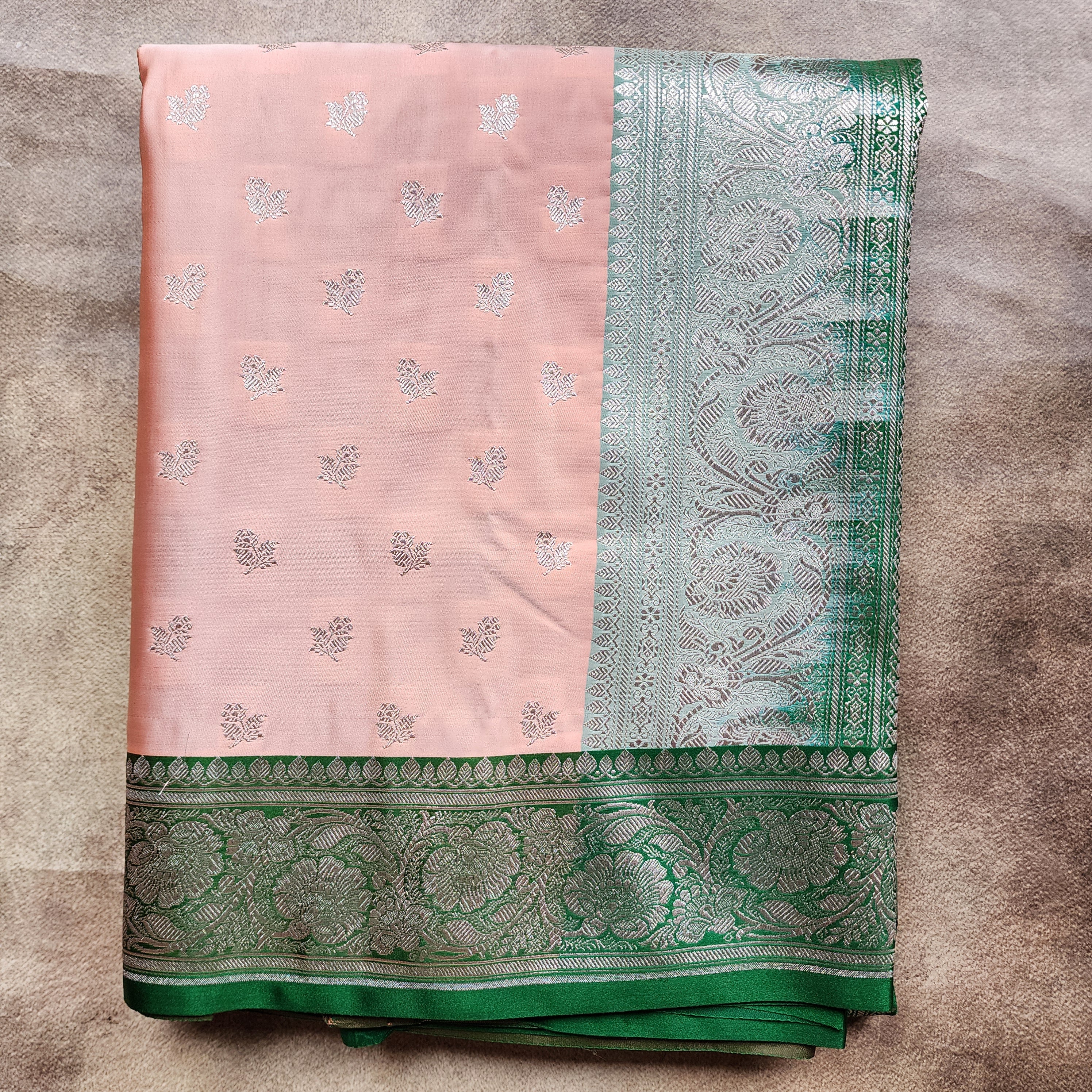 Peach Pure Banarasi Katan Silk Saree with light Gold Zari Weaving