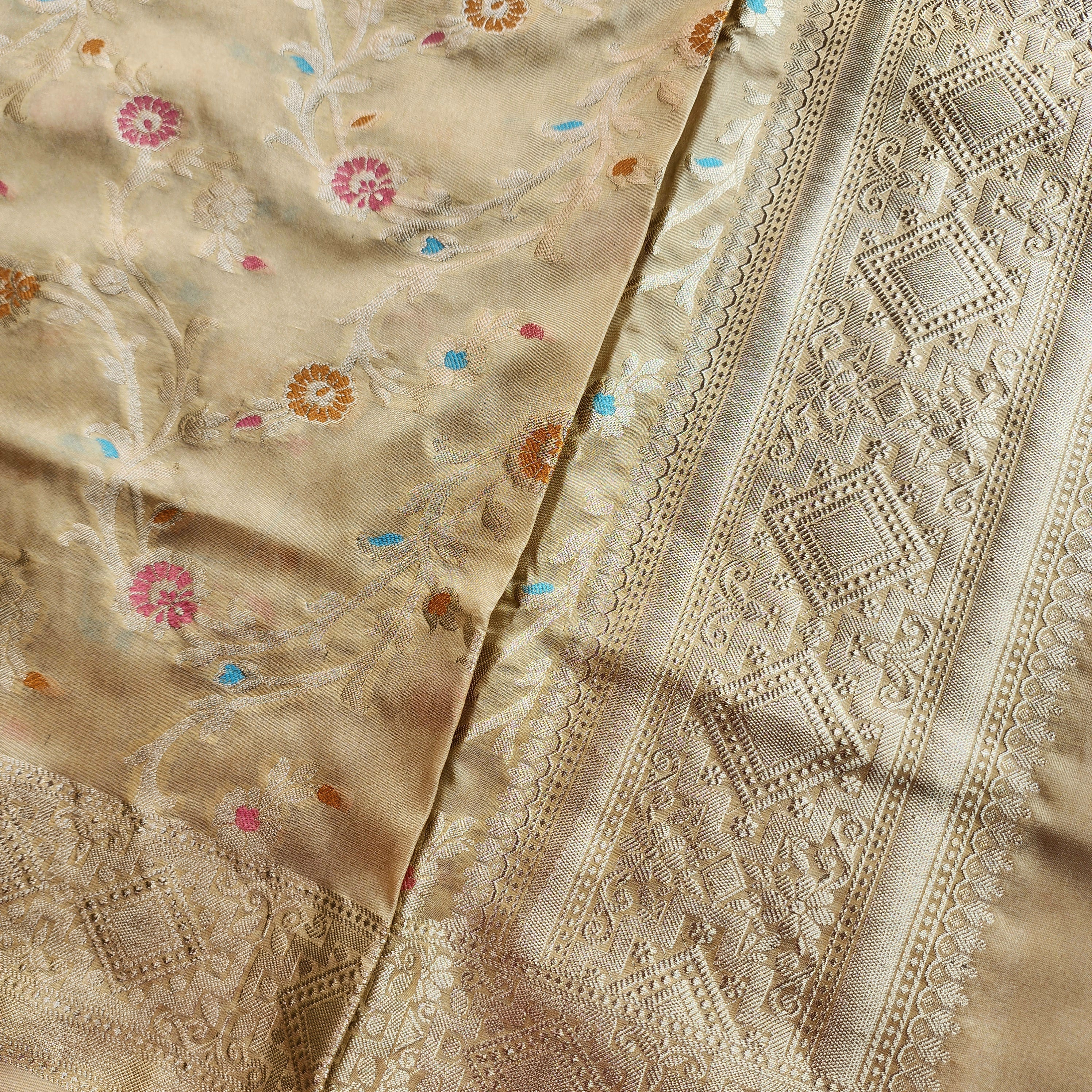 Golden Grid Banarasi Silk Dupatta with Meenakari Work in Beige