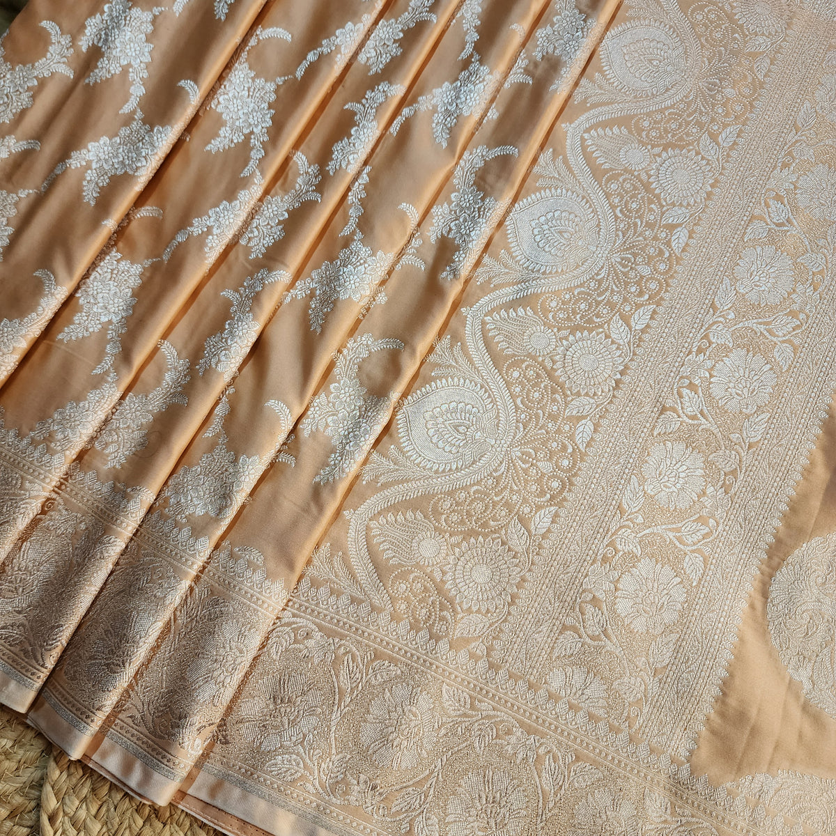 Peach Beige Banarasi Katan Silk Saree with Floral Vine Jaal