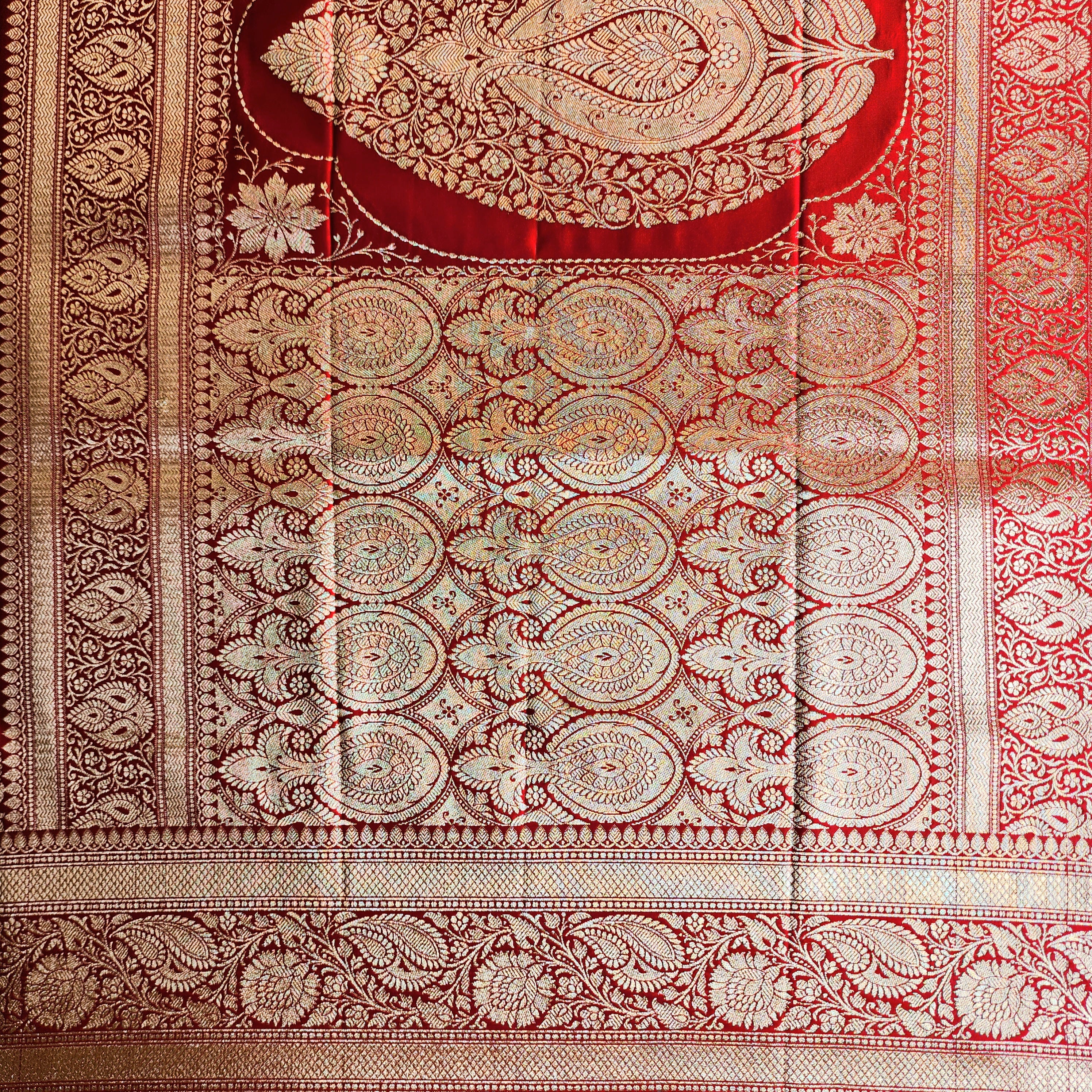 Rich Ruby Red Pure Banarasi Katan Silk Saree with light Gold Zari Weaving