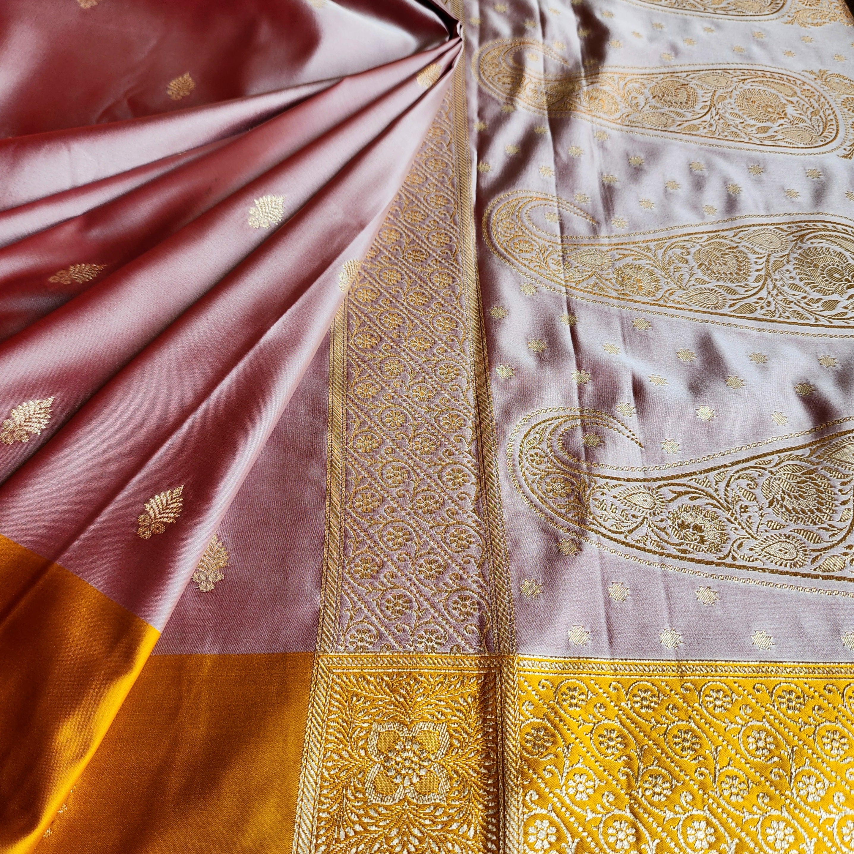 Dusty Rose Katan Silk Saree with Mustard Yellow Gold Zari Border