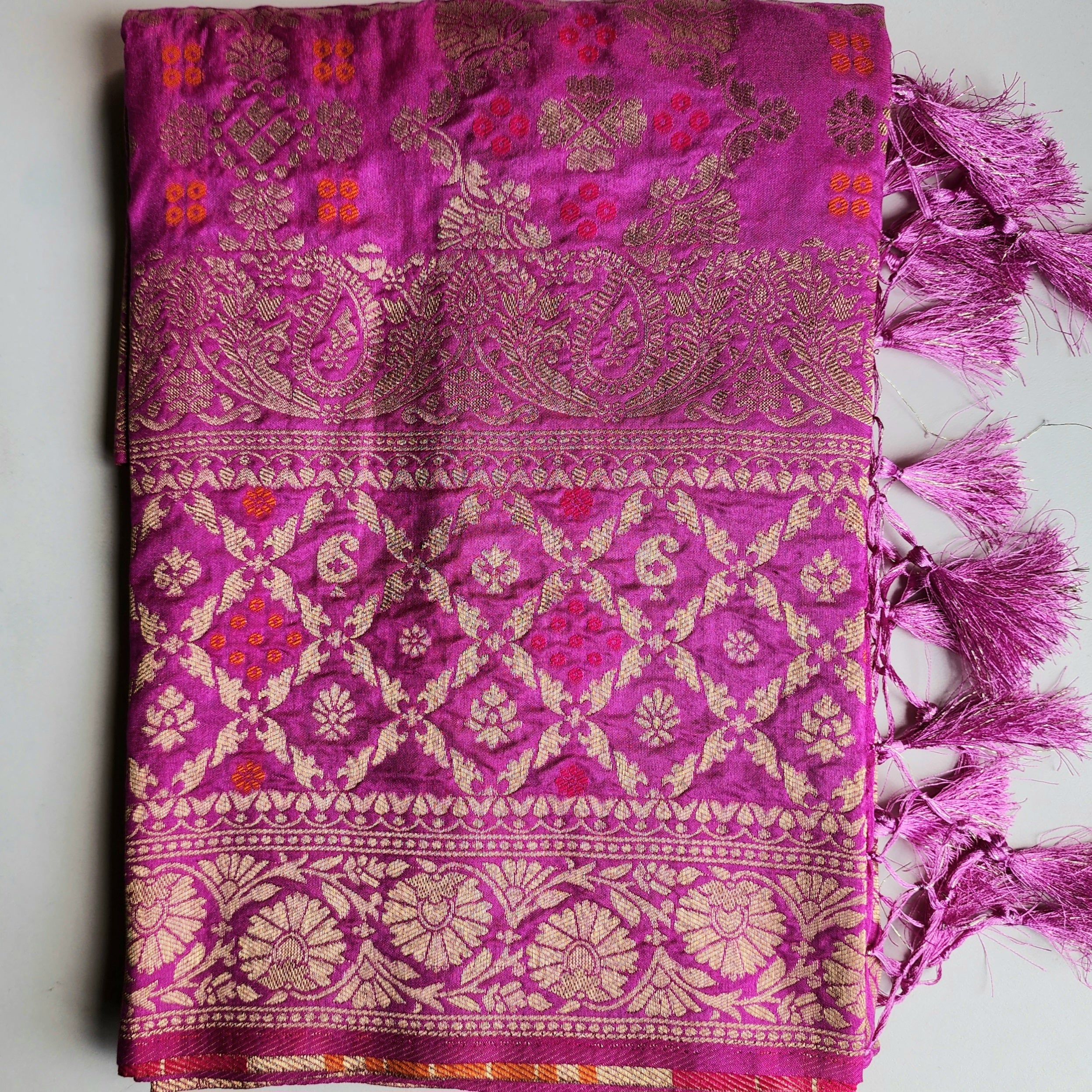 Orchid Purple Bandhani Dupatta with Floral and Geometric Zari Weave