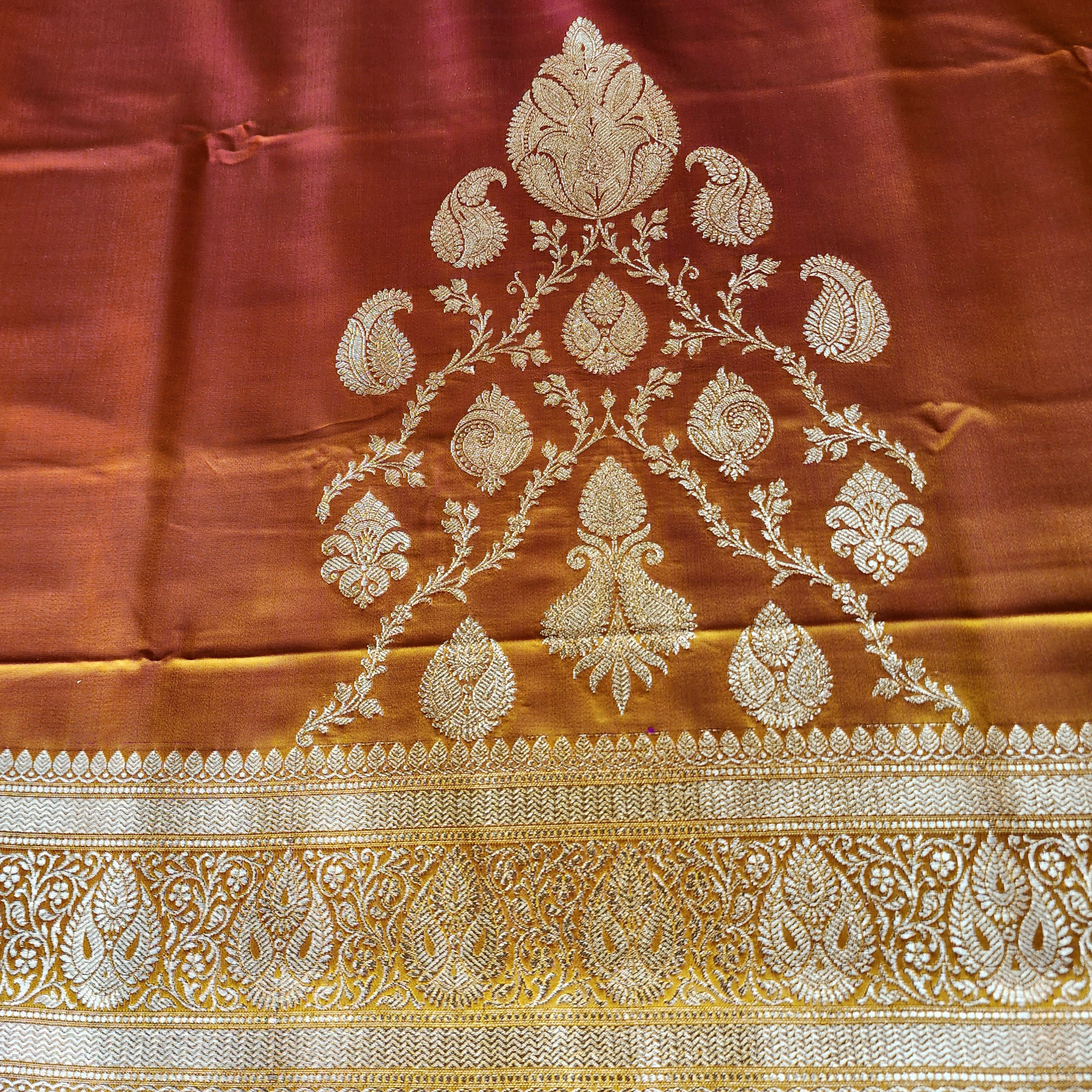 Rich Orange Pure Banarasi Katan Silk Saree with light Gold Zari Weaving