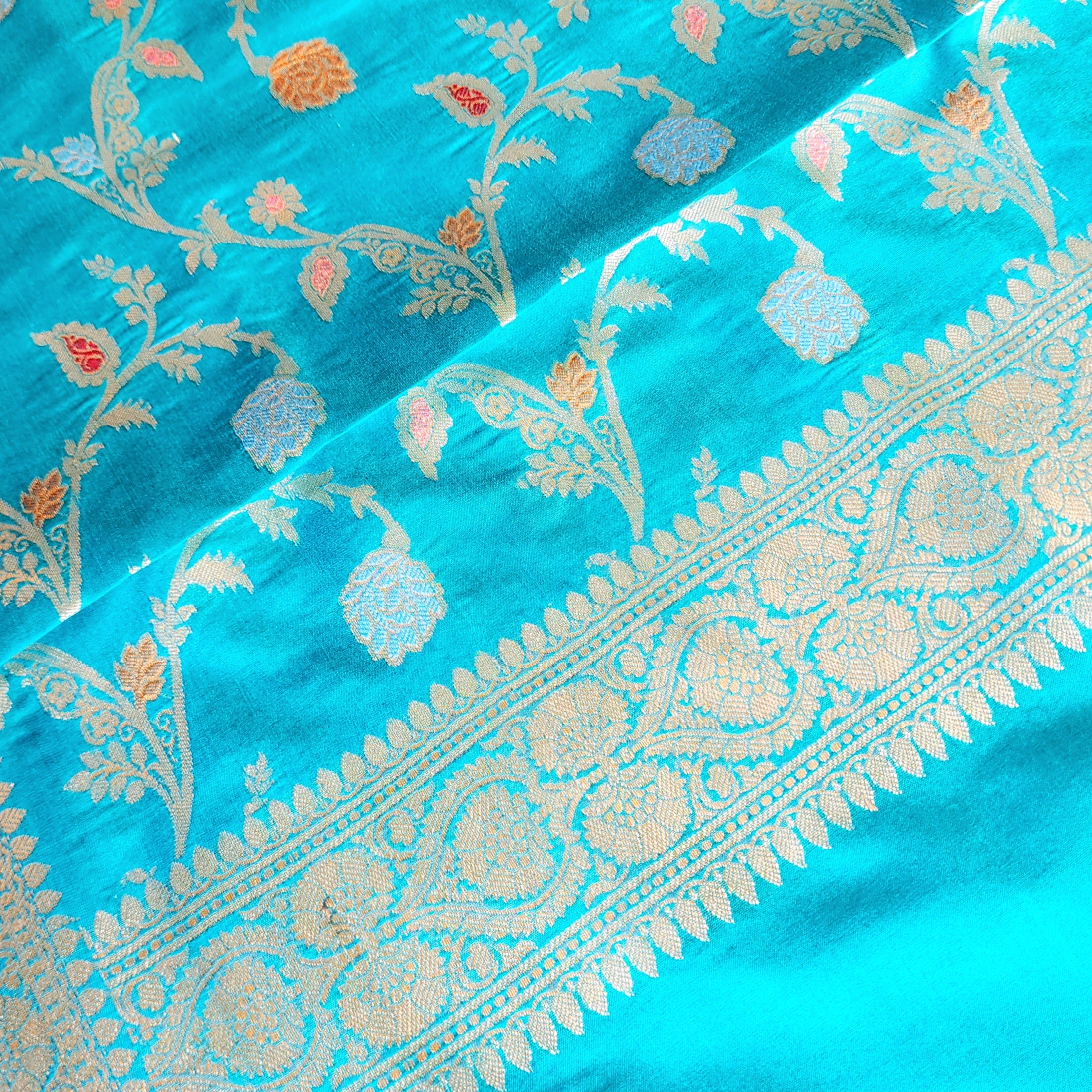 Teal Green Banarasi Silk Dupatta with Gold Zari Border & Multicolor Meenakari Work