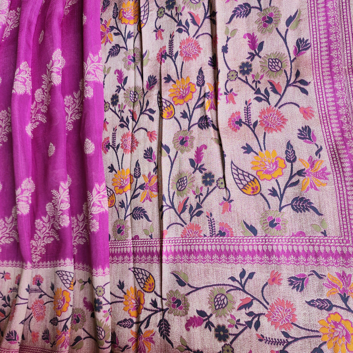Soft Lavender Orchid Raw Silk Saree with Pastel Floral Weaving and Ivory Border