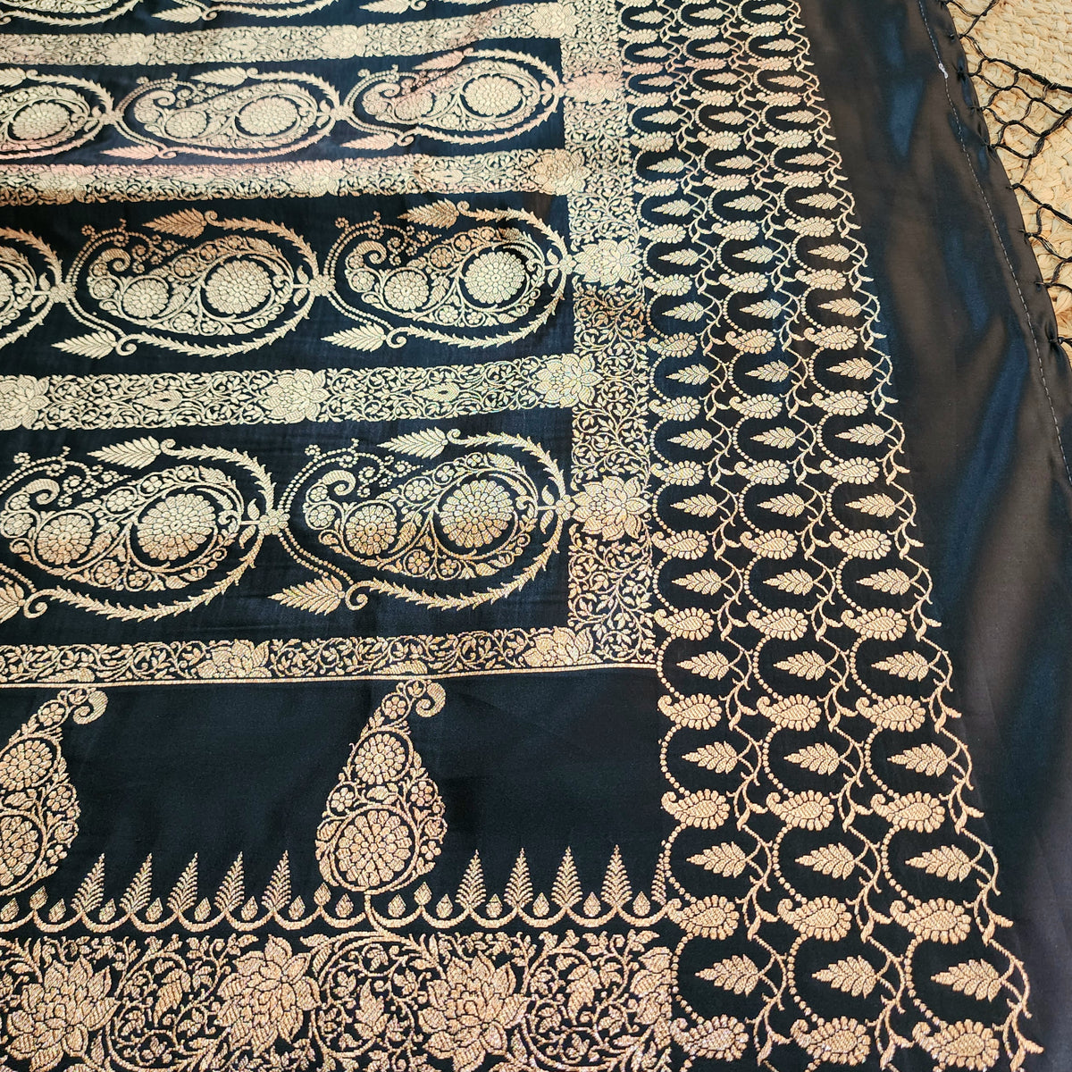 Black Paisley Katan Silk Saree with Gold Zari
