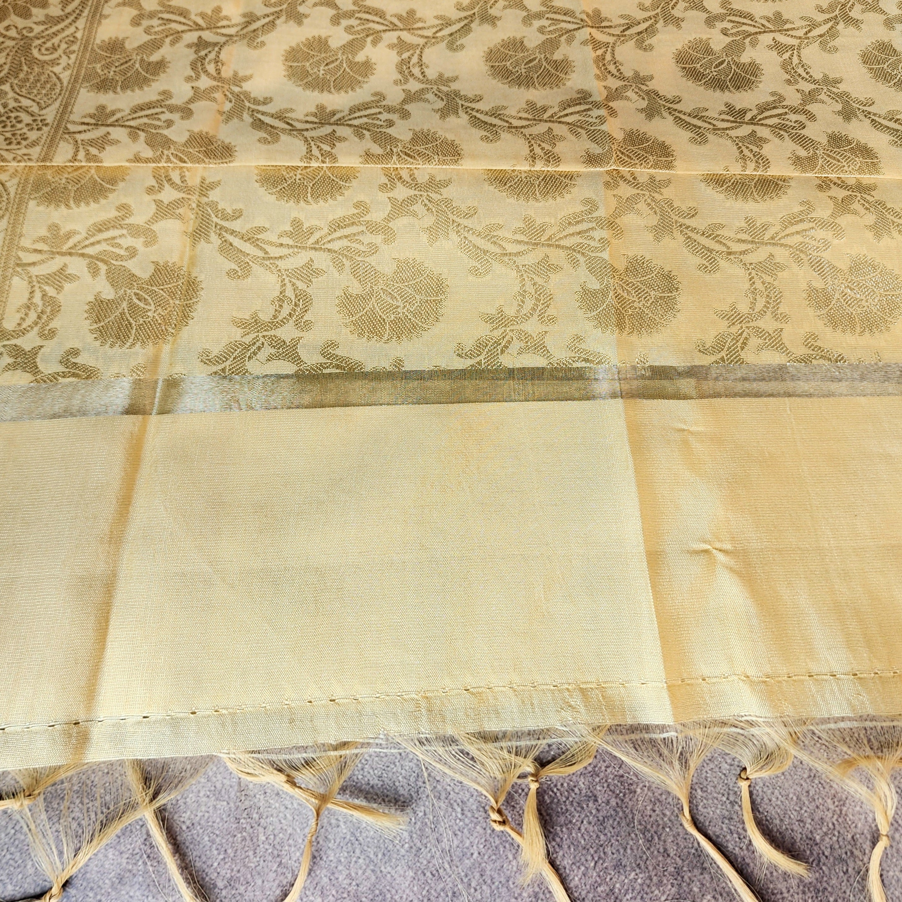 Cream Banarasi Tapetta Silk Dupatta with Gold Floral Zari Weave