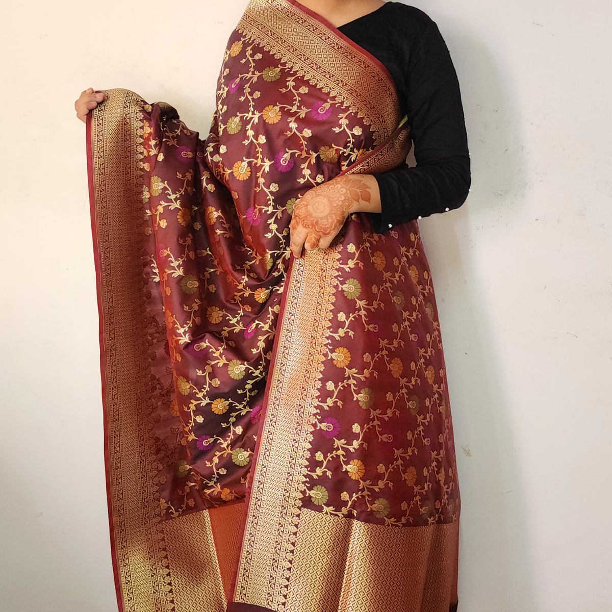 Banarasi Silk Floral Jaal Dupatta - Deep Burgundy