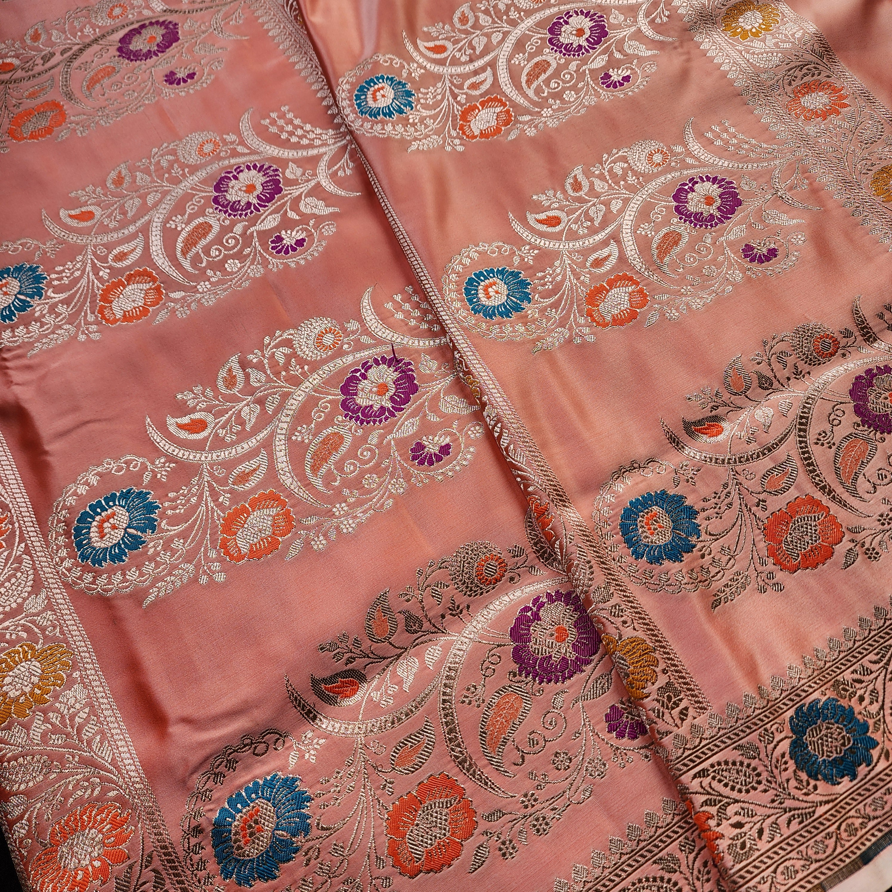 Enriched Banarasi Katan Silk Saree | Peach Multicolor Meenakari Floral Jaal