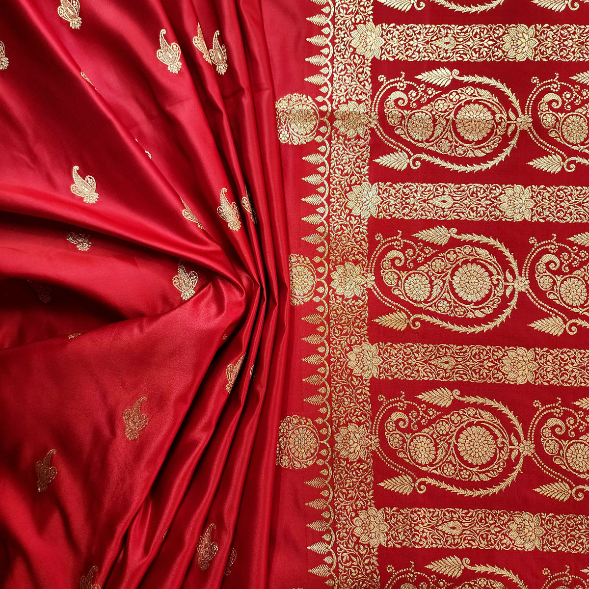 Red Paisley Katan Silk Saree with Gold Zari