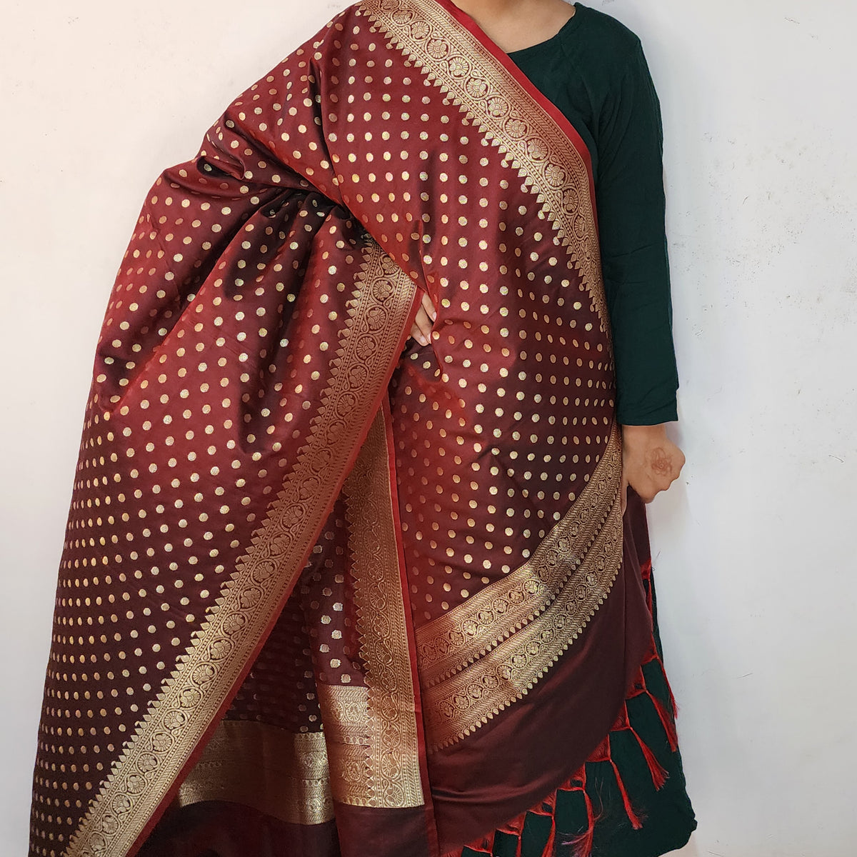 Burgundy Banarasi Silk Dupatta with Gold Polka Dot