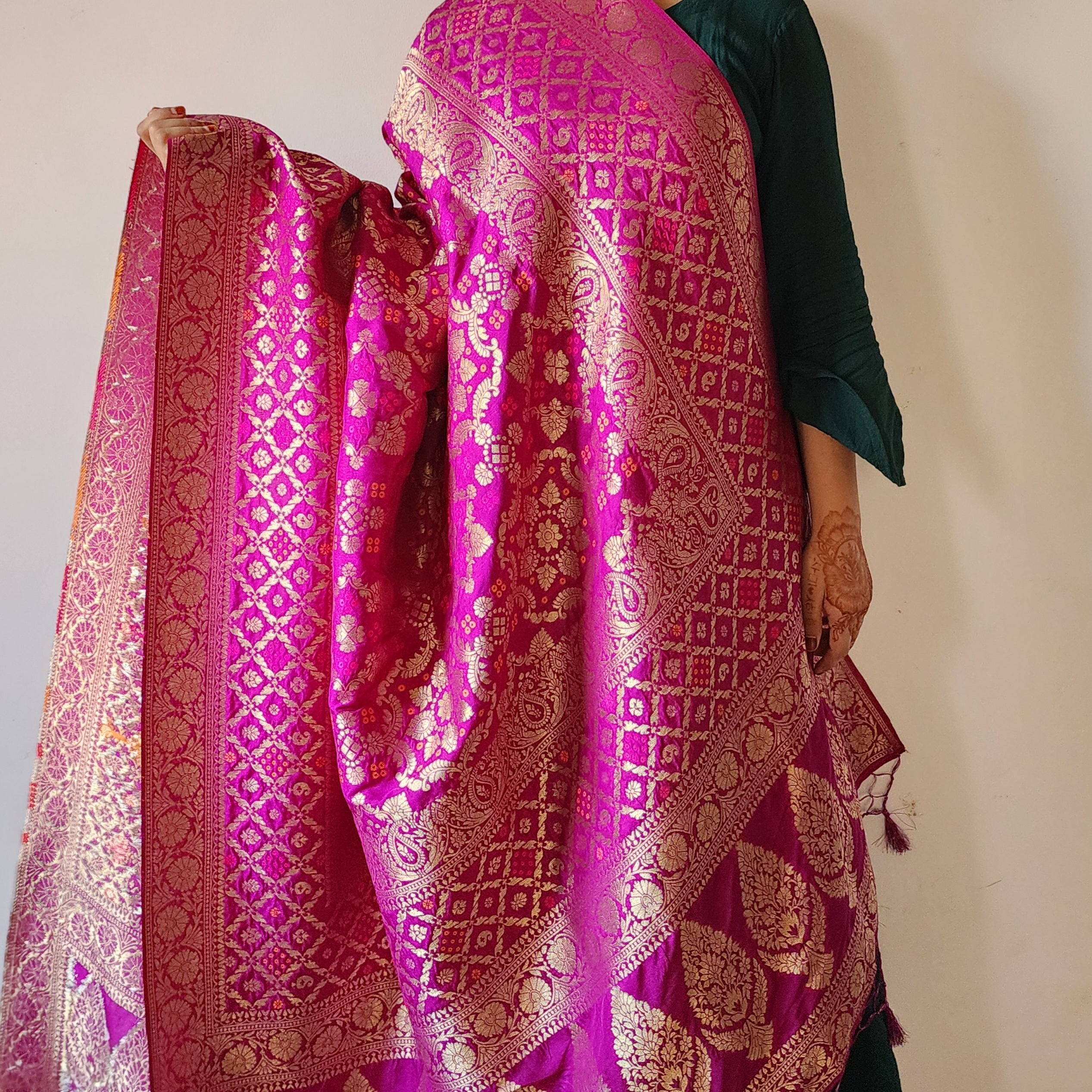 Berry Purple Bandhani Dupatta with Floral and Geometric Zari Weave