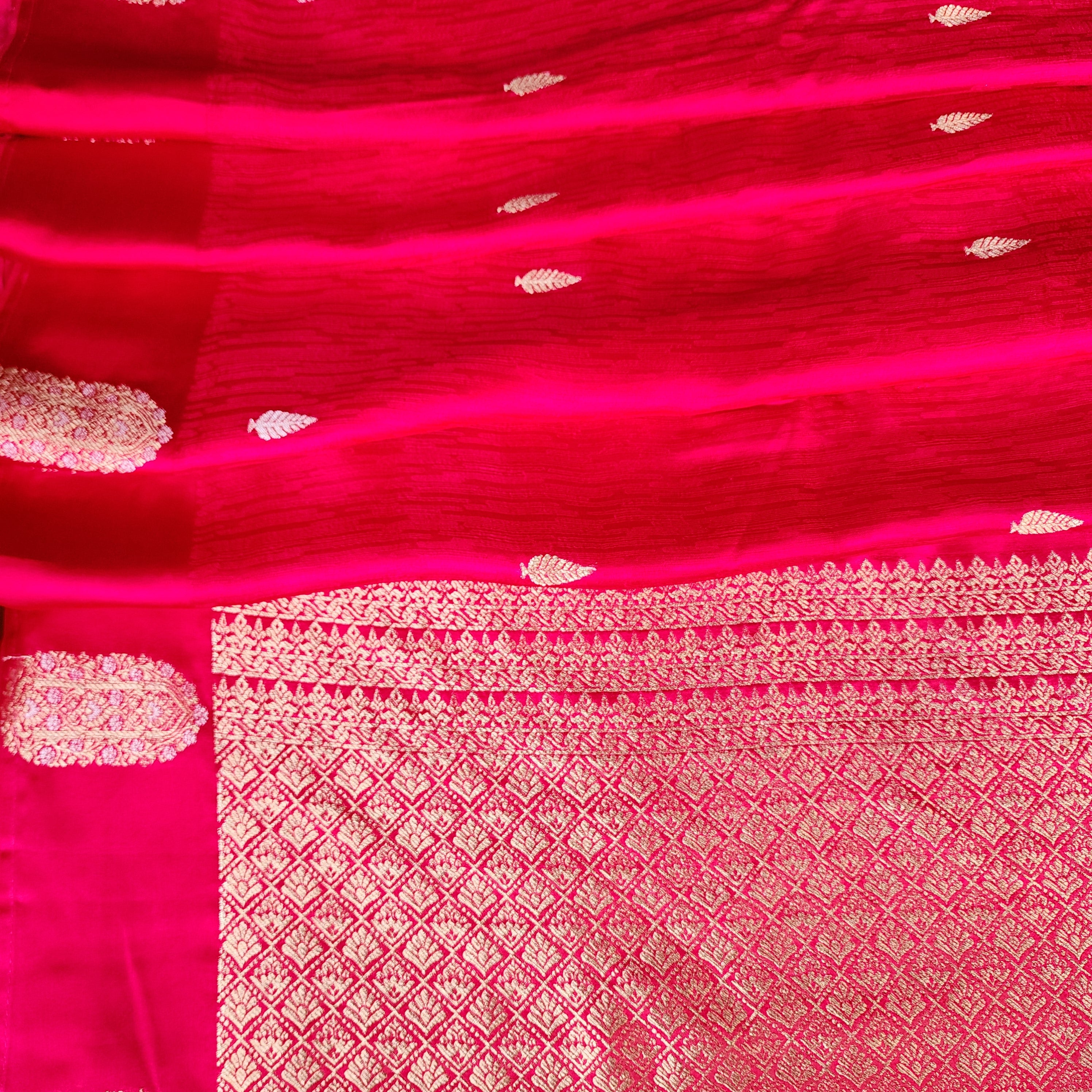 Bright Rani Pink Mashru Tanchoi Saree with Gold Zari