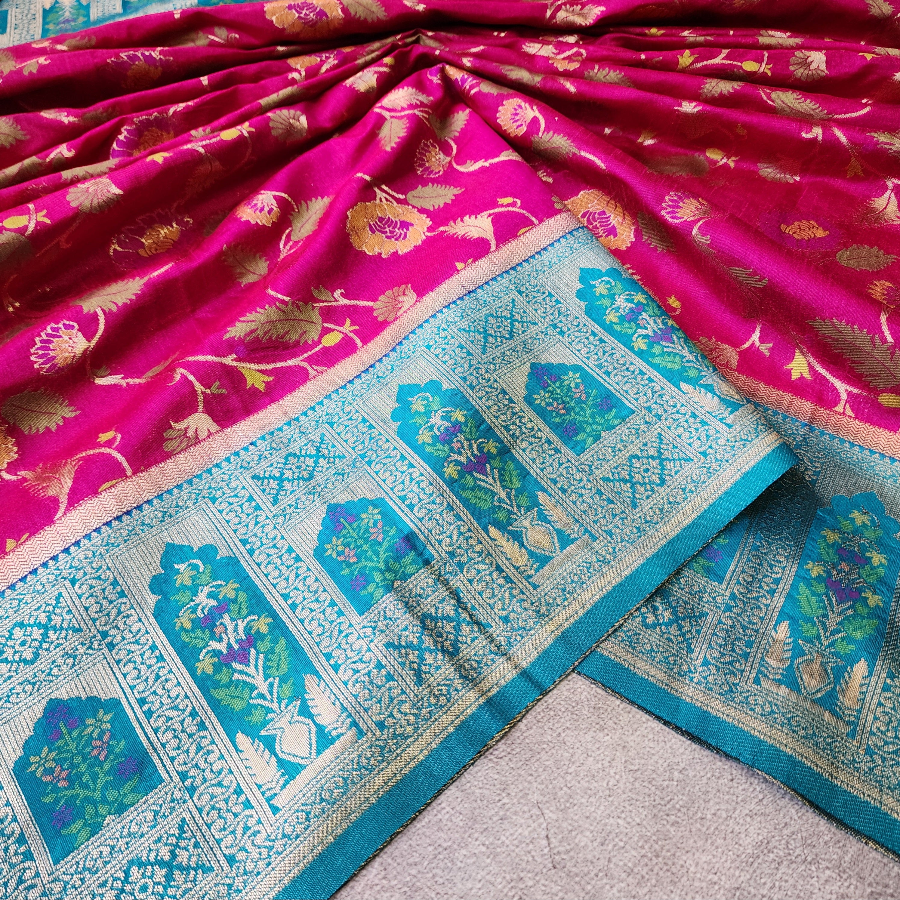 Rani Pink Dupion Patola with Turquoise Blue Border & Heavy Gold Zari