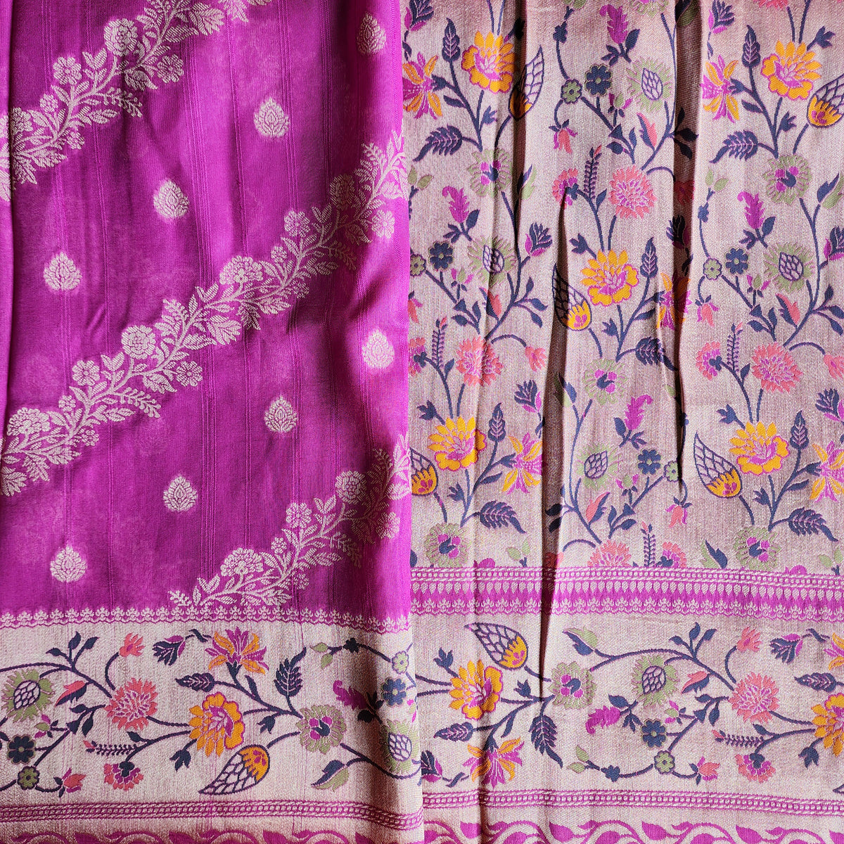 Soft Lavender Orchid Raw Silk Saree with Pastel Floral Weaving and Ivory Border