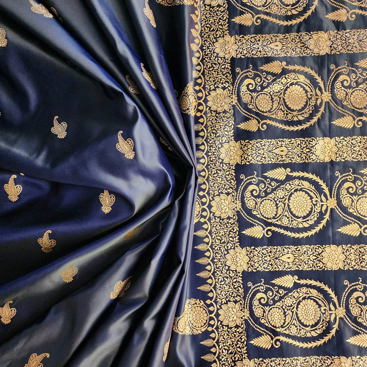 Navy Blue Paisley Katan Silk Saree with Gold Zari