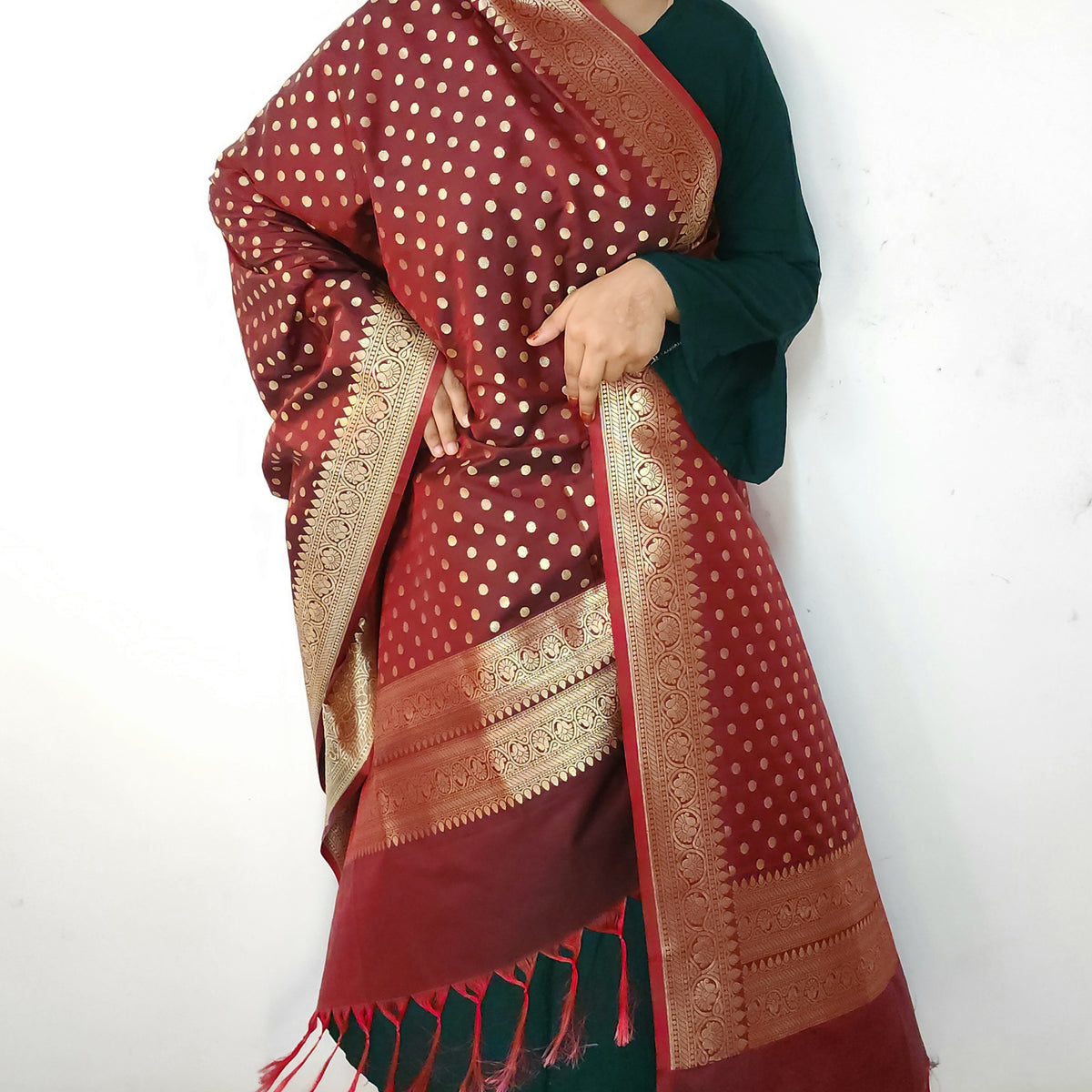 Burgundy Banarasi Silk Dupatta with Gold Polka Dot