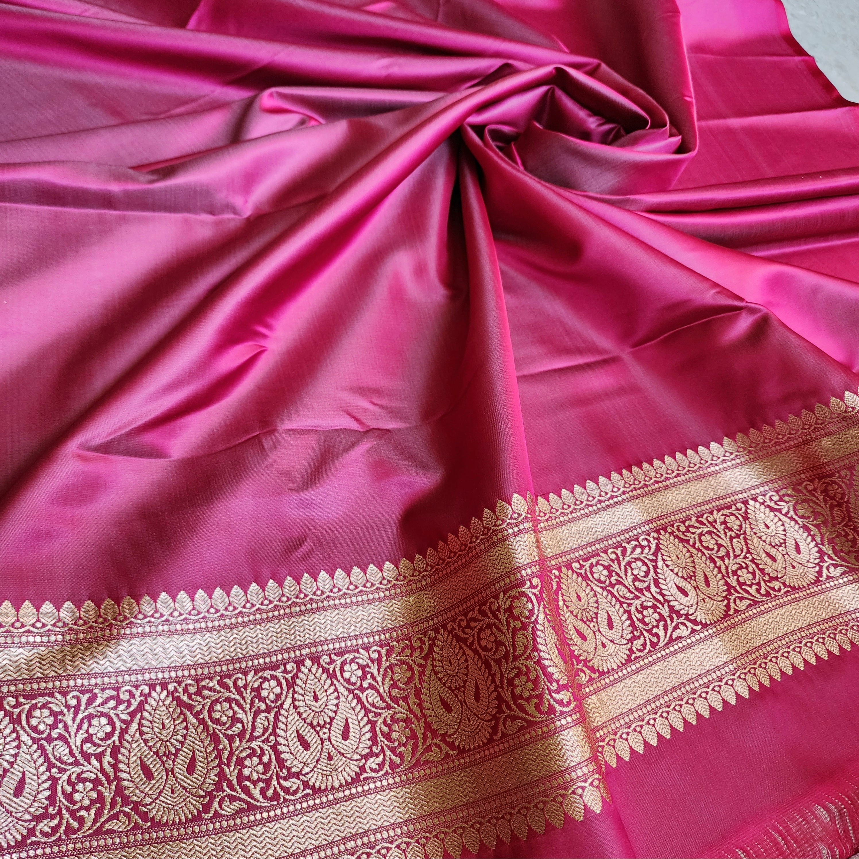 Hot Pink Pure Banarasi Katan Silk Saree with light Gold Zari Weaving