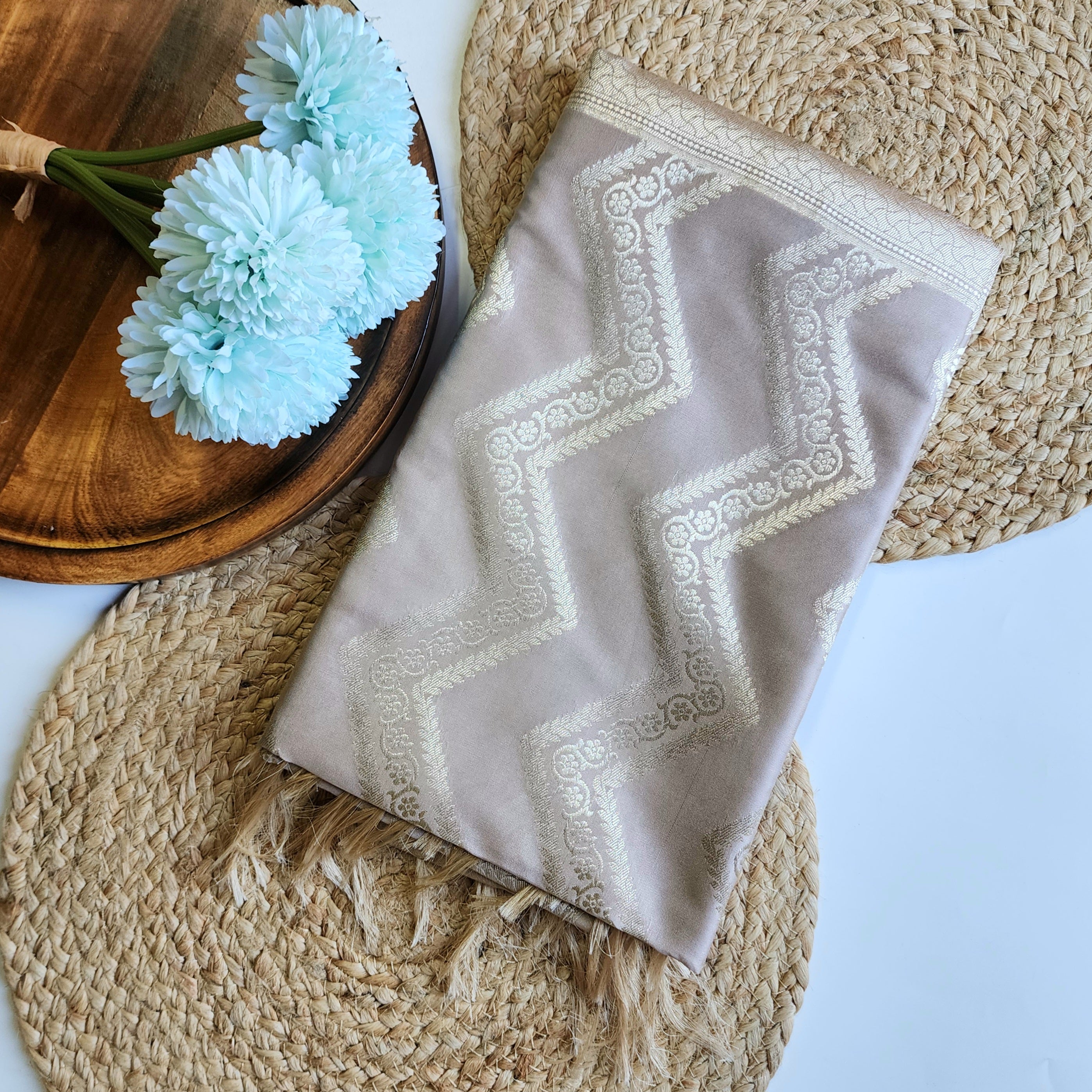Light Mushroom Banarasi Dupatta with Golden Zigzag Pattern