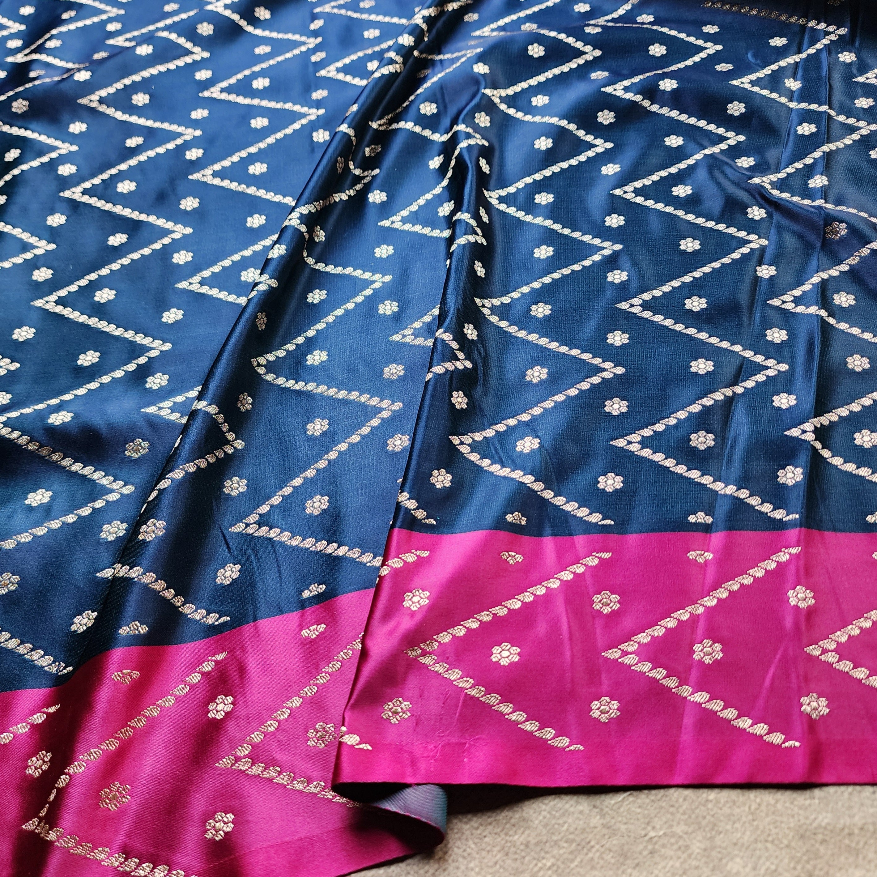 Midnight Blue Pure Banarasi Katan Silk Saree with Rani Pink Border