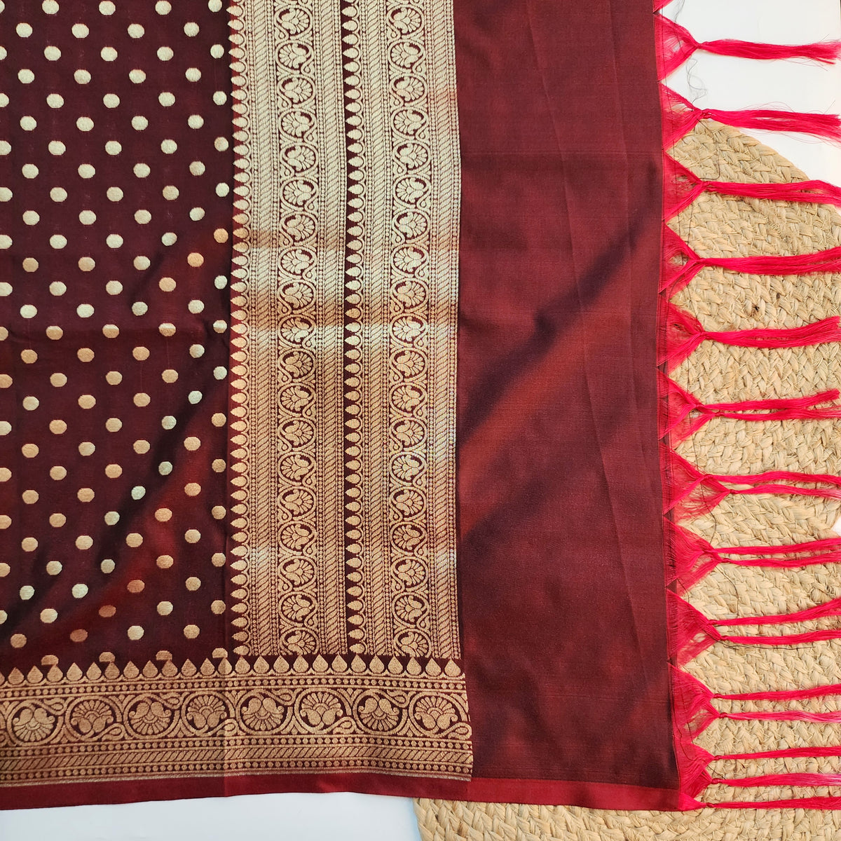 Burgundy Banarasi Silk Dupatta with Gold Polka Dot